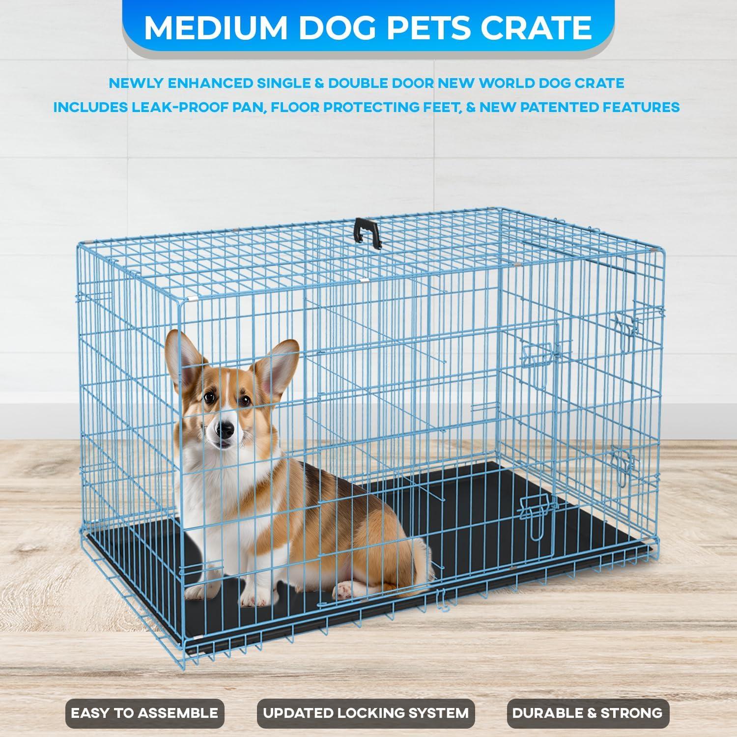 image:imageFDW Dog Crate for Medium Dogs 30 Inch Folding Metal WirePet Cage Double Door WDivider Panel Indoor Outdoor Kennel LeakProof Plastic TrayBlackBlue