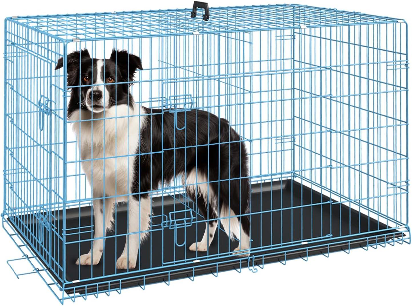 image:imageFDW Dog Crate for Medium Dogs 30 Inch Folding Metal WirePet Cage Double Door WDivider Panel Indoor Outdoor Kennel LeakProof Plastic TrayBlackBlue