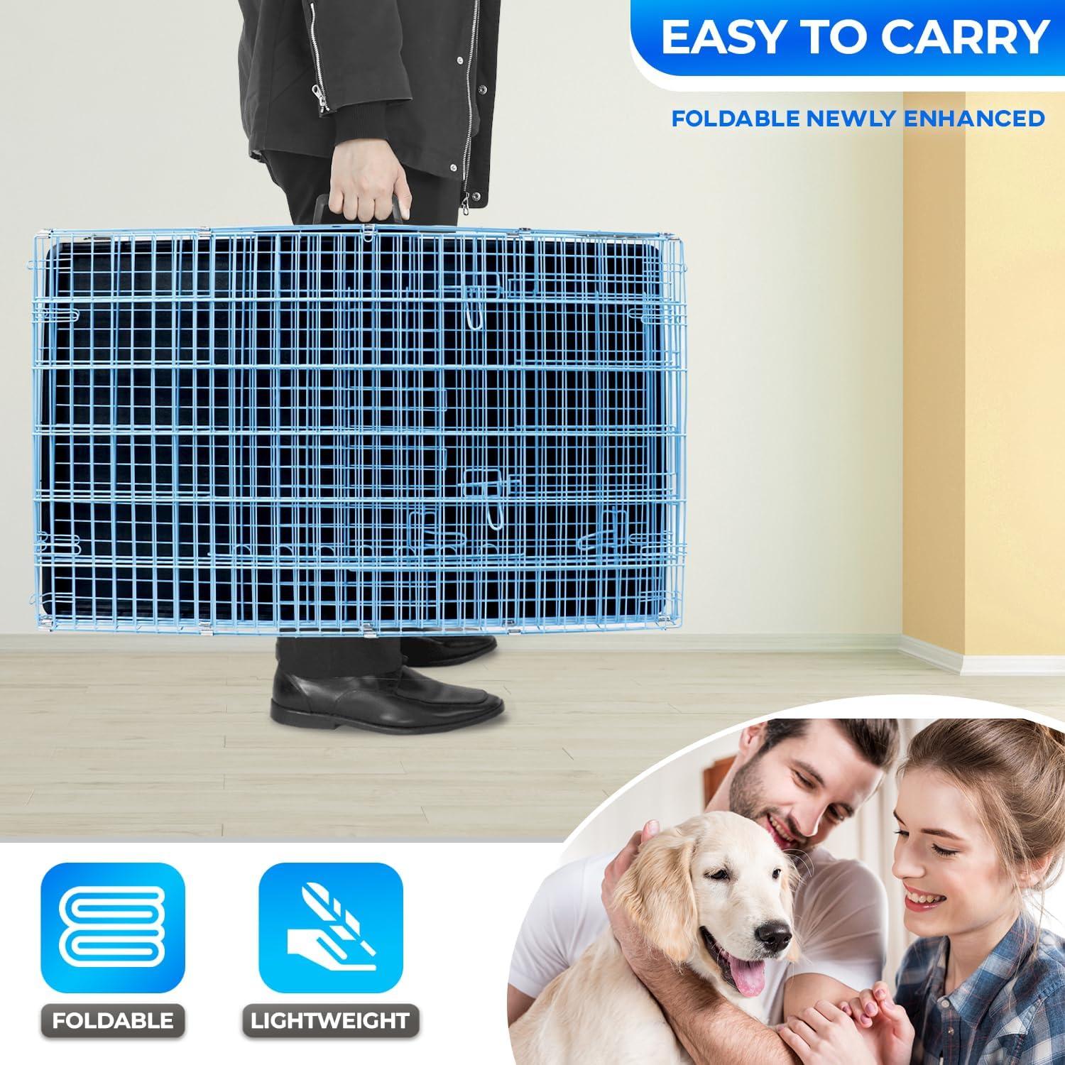 image:imageFDW Dog Crate for Medium Dogs 30 Inch Folding Metal WirePet Cage Double Door WDivider Panel Indoor Outdoor Kennel LeakProof Plastic TrayBlackBlue