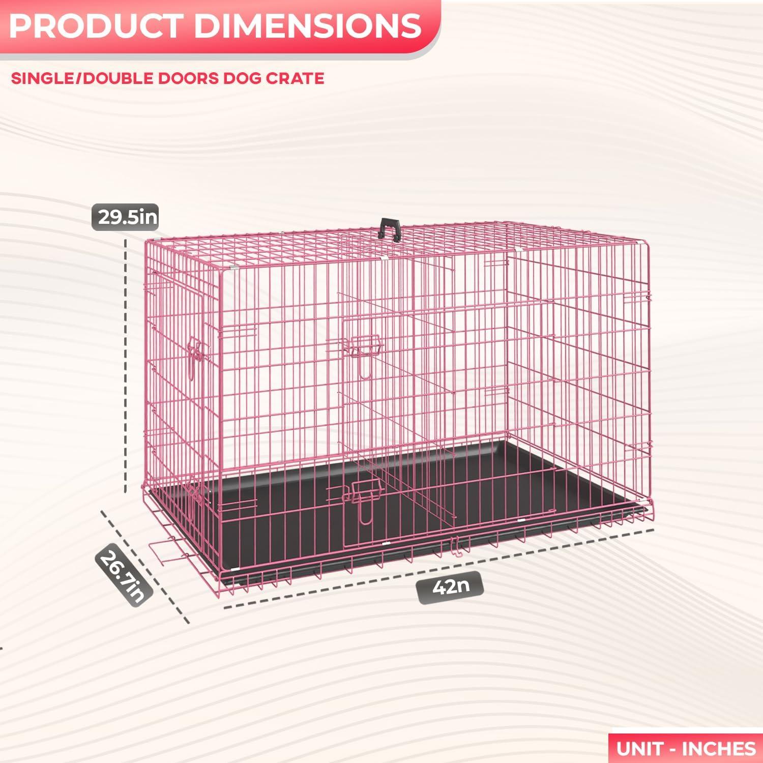 image:imageFDW Dog Crate for Medium Dogs 30 Inch Folding Metal WirePet Cage Double Door WDivider Panel Indoor Outdoor Kennel LeakProof Plastic TrayBlackPink