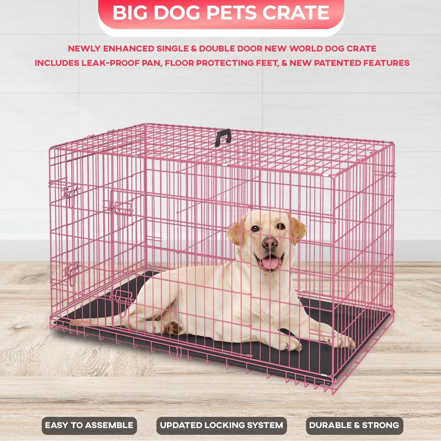 image:imageFDW Dog Crate for Medium Dogs 30 Inch Folding Metal WirePet Cage Double Door WDivider Panel Indoor Outdoor Kennel LeakProof Plastic TrayBlackPink