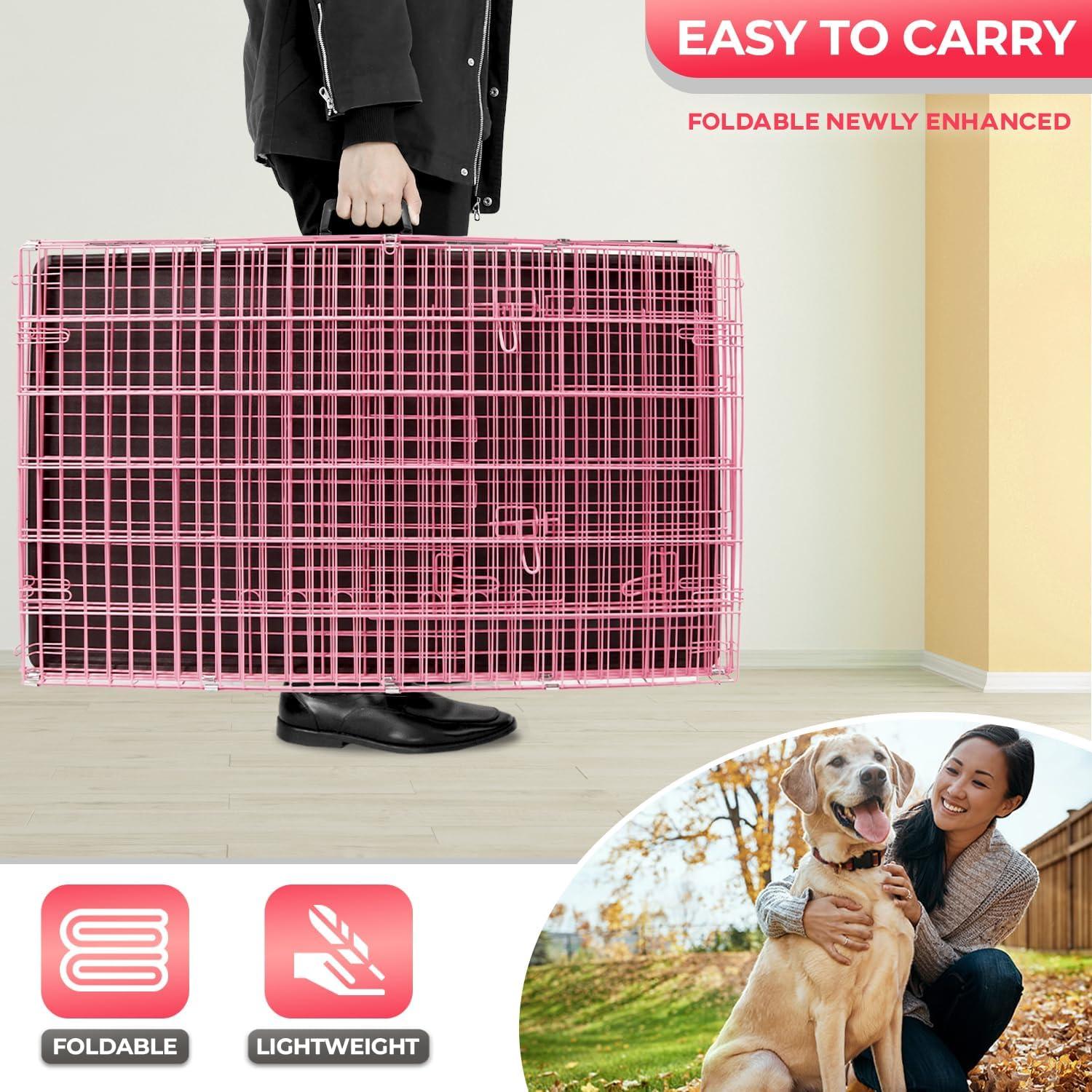 image:imageFDW Dog Crate for Medium Dogs 30 Inch Folding Metal WirePet Cage Double Door WDivider Panel Indoor Outdoor Kennel LeakProof Plastic TrayBlackPink