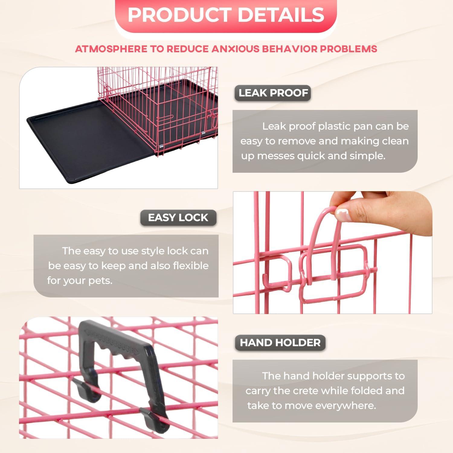 image:imageFDW Dog Crate for Medium Dogs 30 Inch Folding Metal WirePet Cage Double Door WDivider Panel Indoor Outdoor Kennel LeakProof Plastic TrayBlackPink