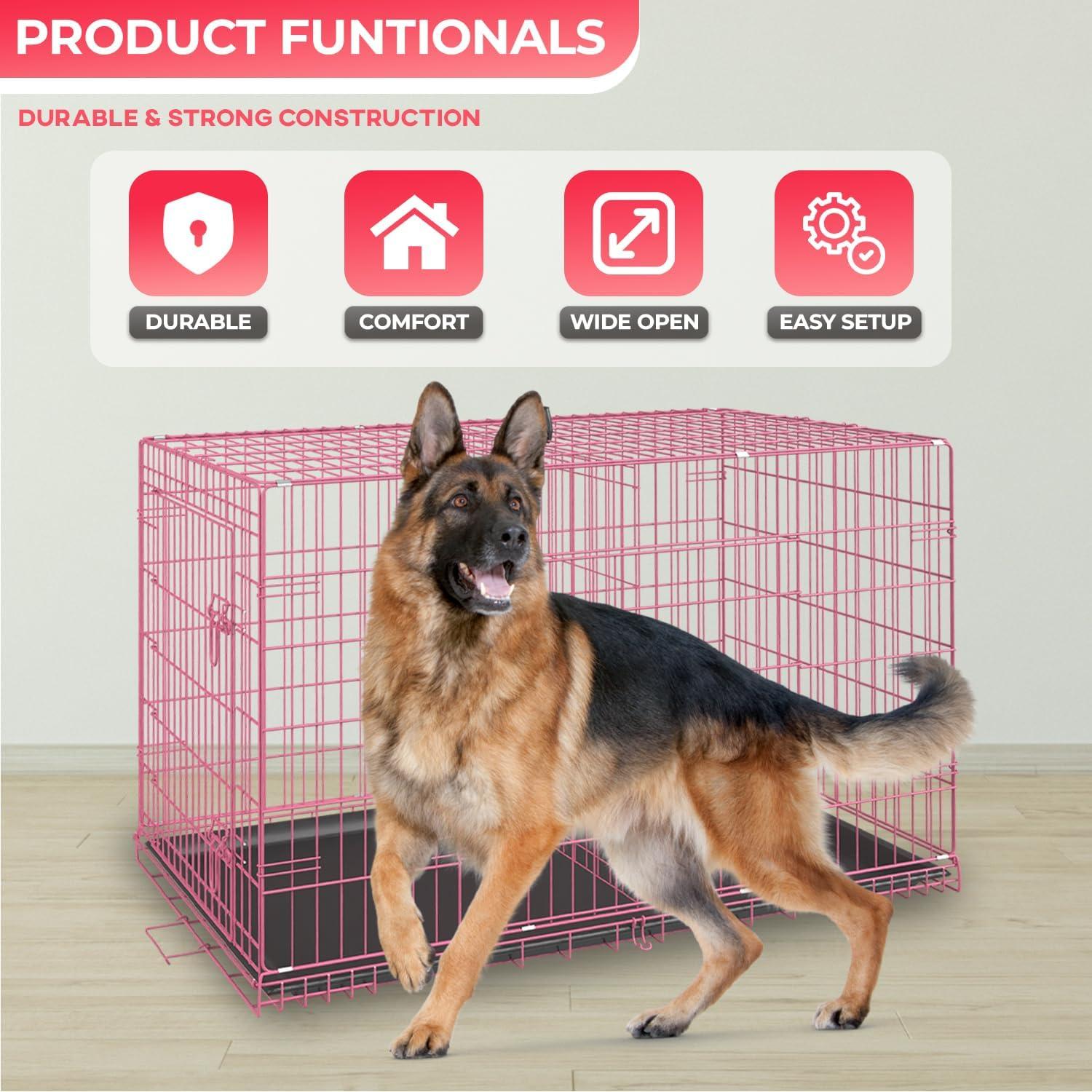 image:imageFDW Dog Crate for Medium Dogs 30 Inch Folding Metal WirePet Cage Double Door WDivider Panel Indoor Outdoor Kennel LeakProof Plastic TrayBlackPink