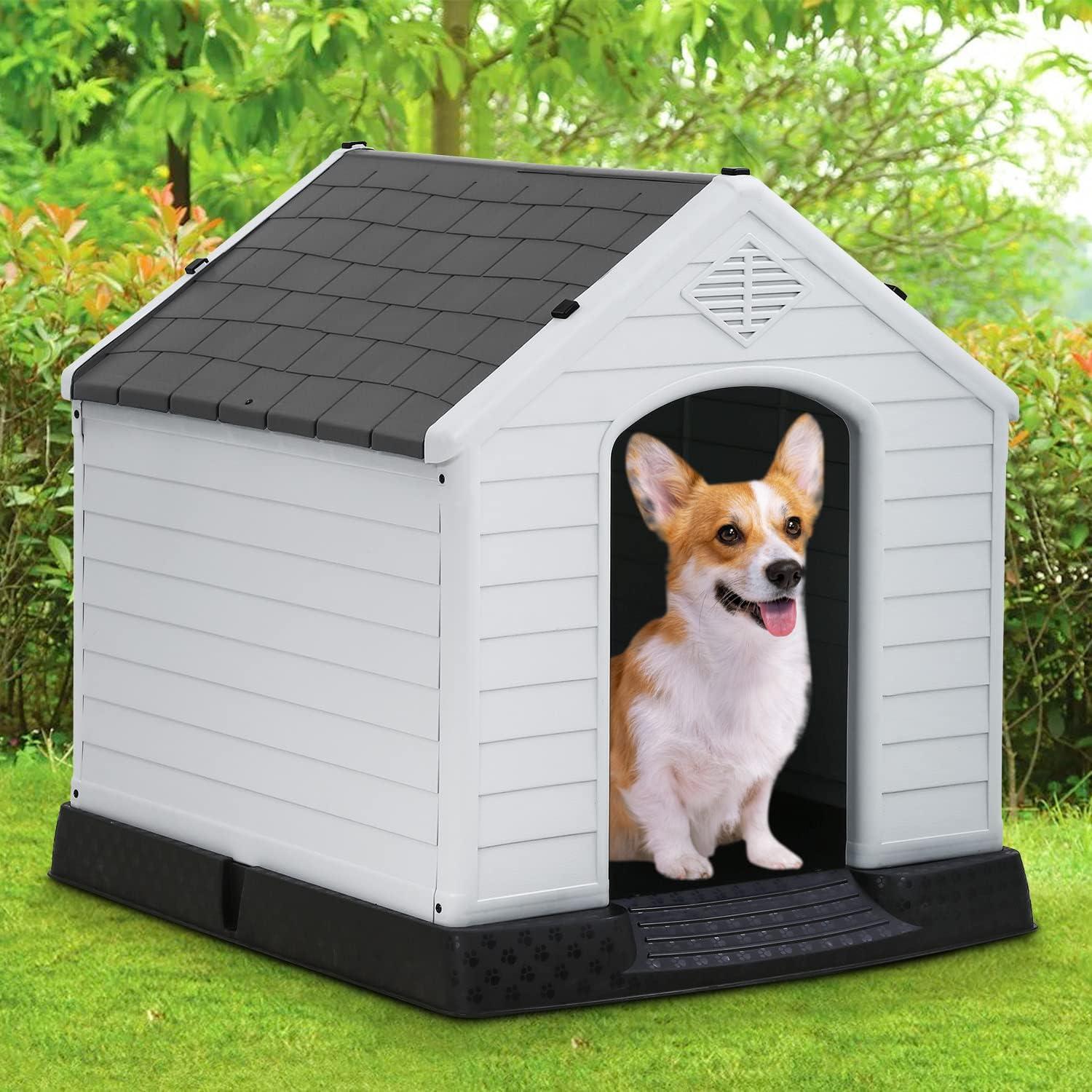 image:imageFDW Dog House Indoor Outdoor Durable Ventilate Waterproof Pet Plastic Dog House for Small Medium Large Dogs Insulated Puppy Shelter Kennel Crate with Air Vents and Elevated FloorGrey