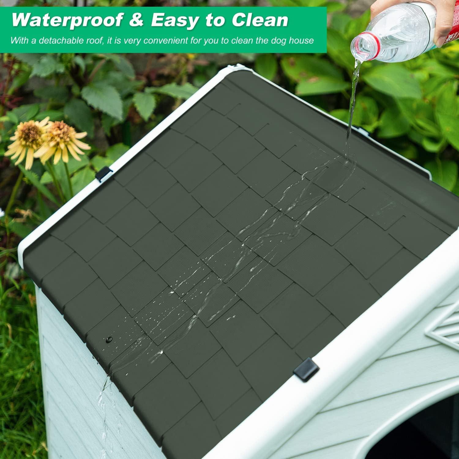 image:imageFDW Dog House Indoor Outdoor Durable Ventilate Waterproof Pet Plastic Dog House for Small Medium Large Dogs Insulated Puppy Shelter Kennel Crate with Air Vents and Elevated FloorDark Green