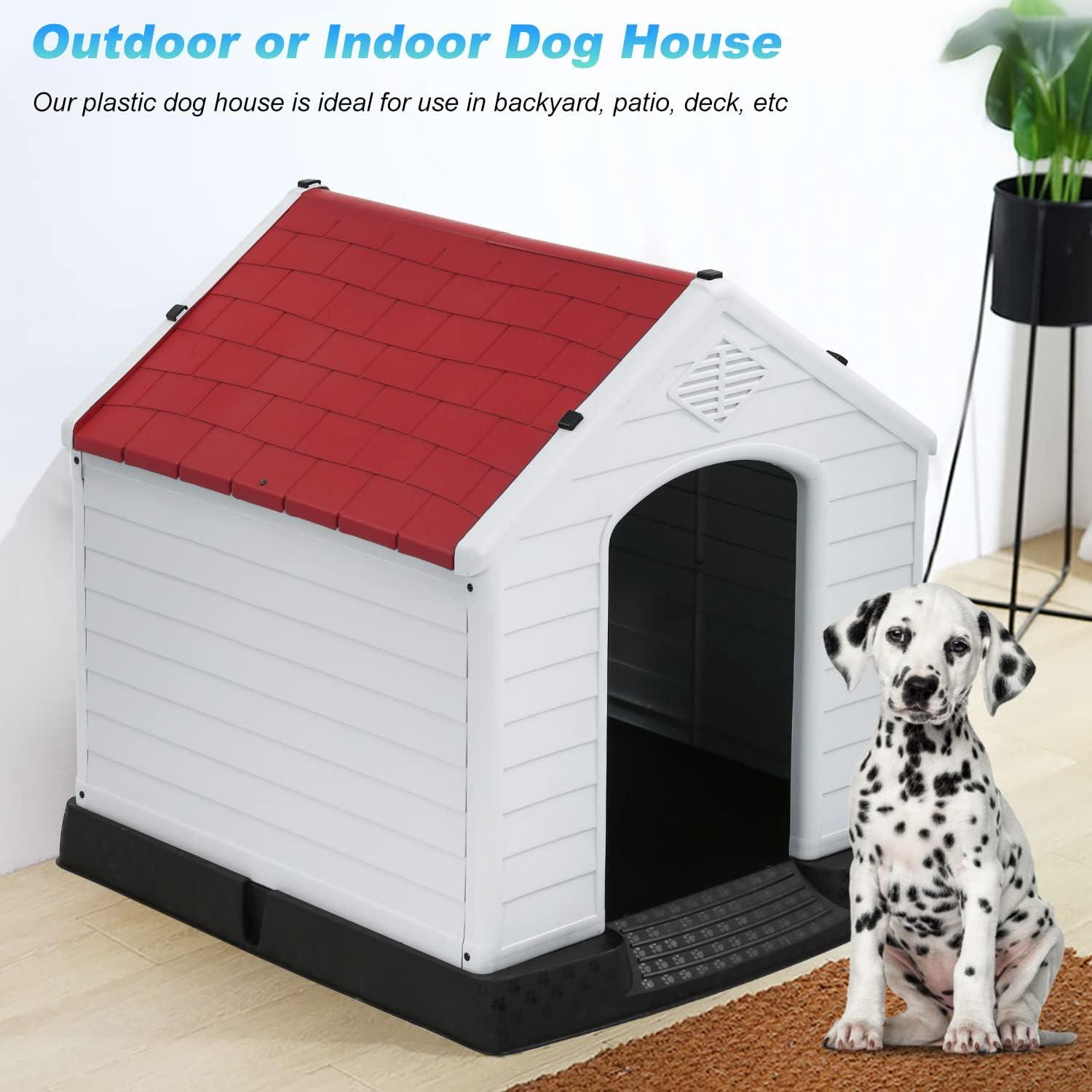 image:imageFDW Dog House Indoor Outdoor Durable Ventilate Waterproof Pet Plastic Dog House for Small Medium Large Dogs Insulated Puppy Shelter Kennel Crate with Air Vents and Elevated FloorRed