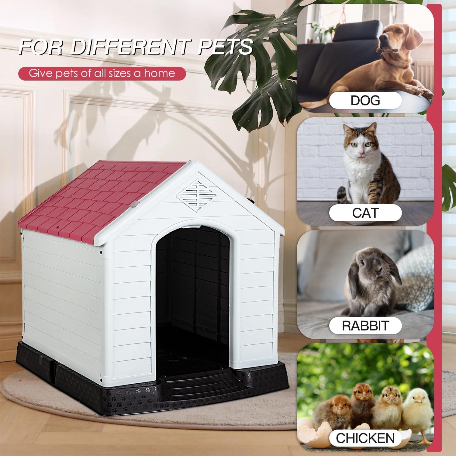 image:imageFDW Dog House Indoor Outdoor Durable Ventilate Waterproof Pet Plastic Dog House for Small Medium Large Dogs Insulated Puppy Shelter Kennel Crate with Air Vents and Elevated FloorDark Red