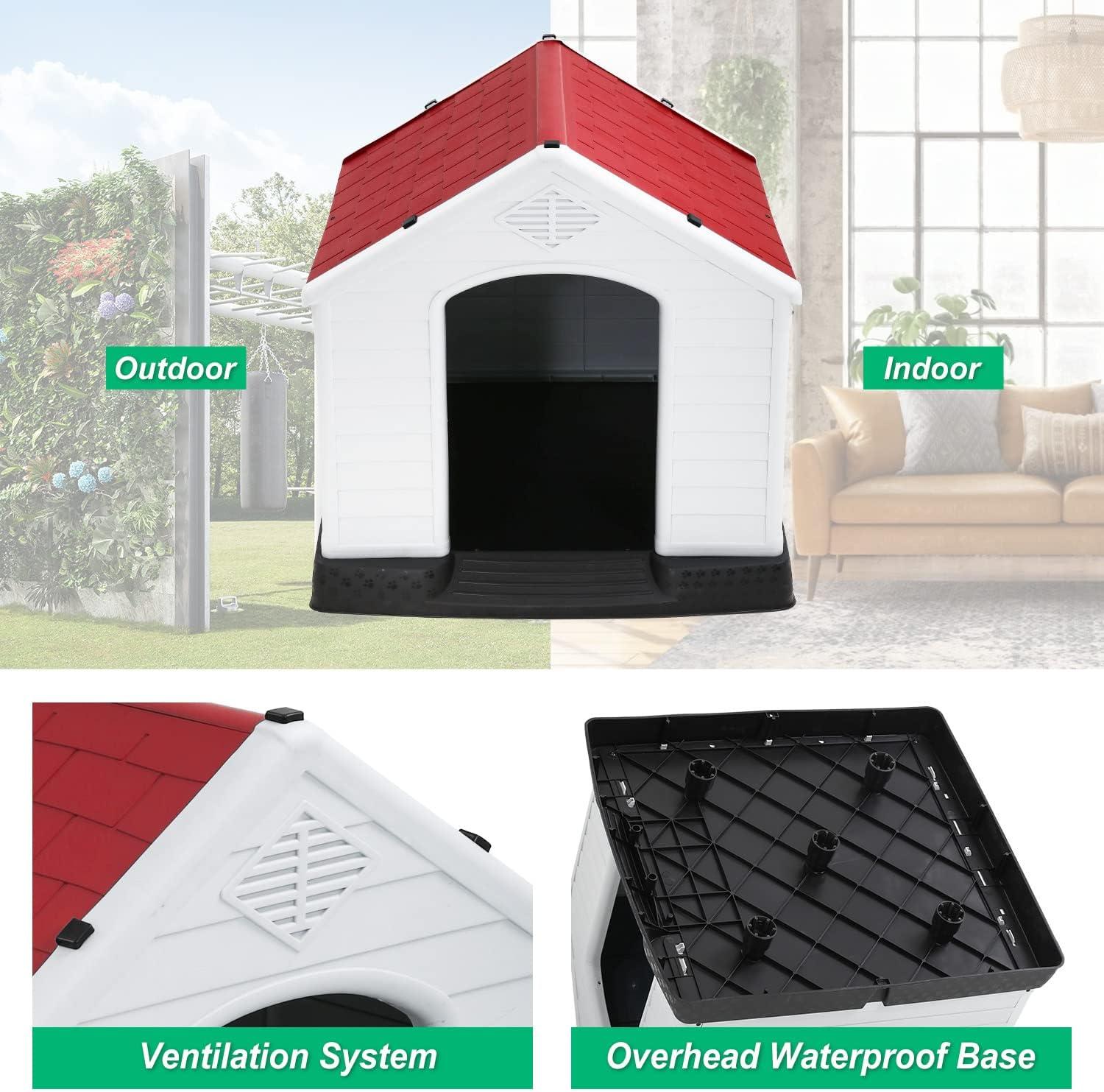 image:imageFDW Dog House Indoor Outdoor Durable Ventilate Waterproof Pet Plastic Dog House for Small Medium Large Dogs Insulated Puppy Shelter Kennel Crate with Air Vents and Elevated FloorRed
