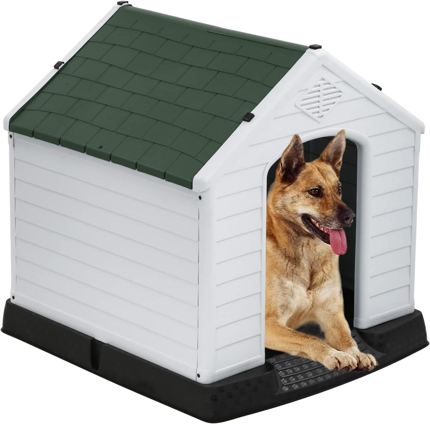 image:imageFDW Dog House Indoor Outdoor Durable Ventilate Waterproof Pet Plastic Dog House for Small Medium Large Dogs Insulated Puppy Shelter Kennel Crate with Air Vents and Elevated FloorGreen