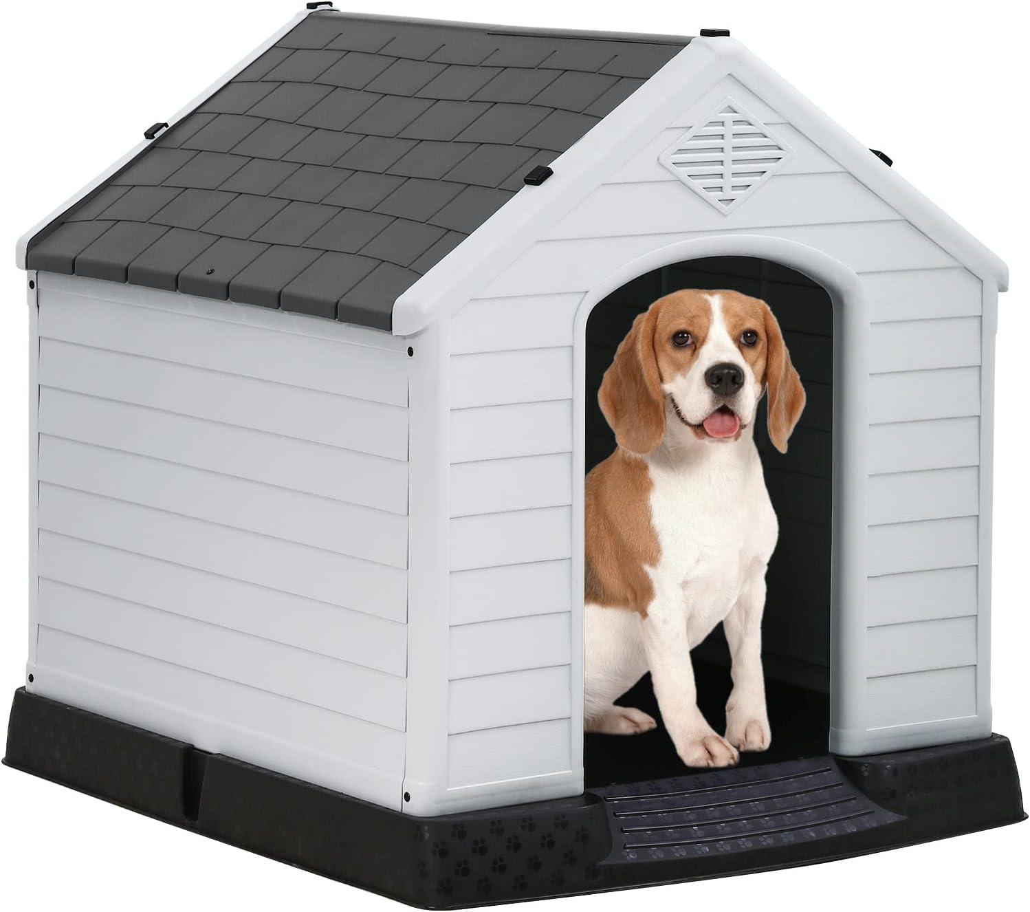 image:imageFDW Dog House Indoor Outdoor Durable Ventilate Waterproof Pet Plastic Dog House for Small Medium Large Dogs Insulated Puppy Shelter Kennel Crate with Air Vents and Elevated FloorGrey
