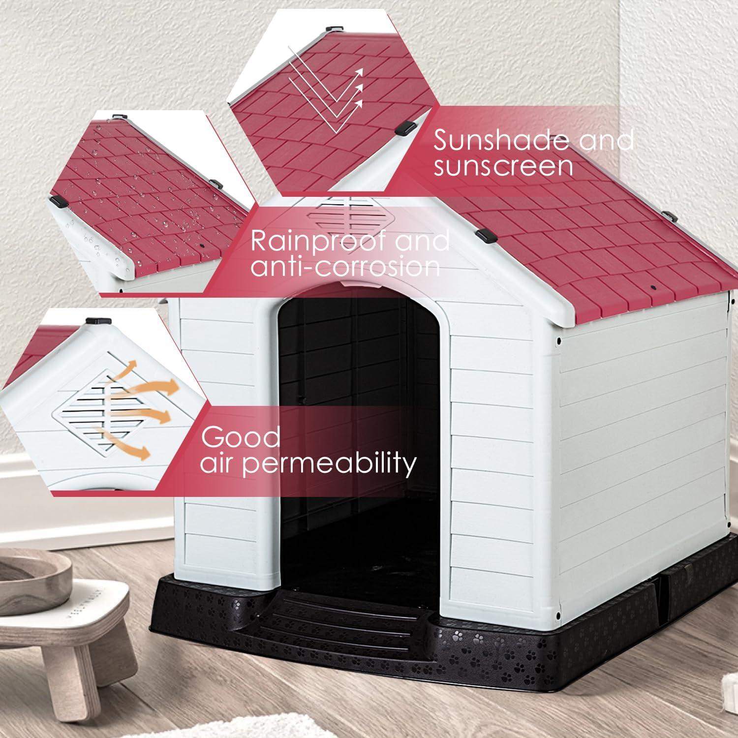 image:imageFDW Dog House Indoor Outdoor Durable Ventilate Waterproof Pet Plastic Dog House for Small Medium Large Dogs Insulated Puppy Shelter Kennel Crate with Air Vents and Elevated FloorDark Red
