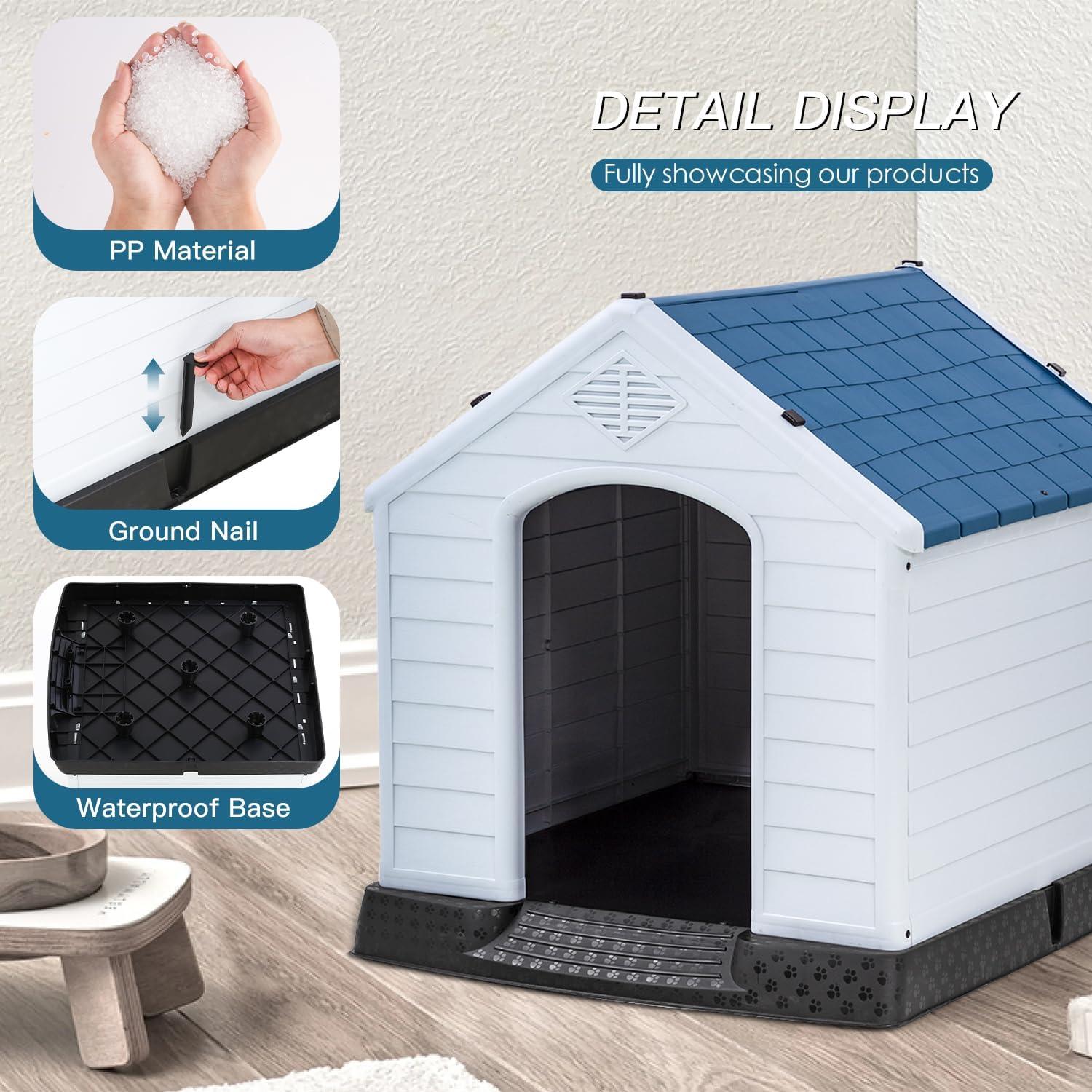 image:imageFDW Dog House Indoor Outdoor Durable Ventilate Waterproof Pet Plastic Dog House for Small Medium Large Dogs Insulated Puppy Shelter Kennel Crate with Air Vents and Elevated FloorDark Black