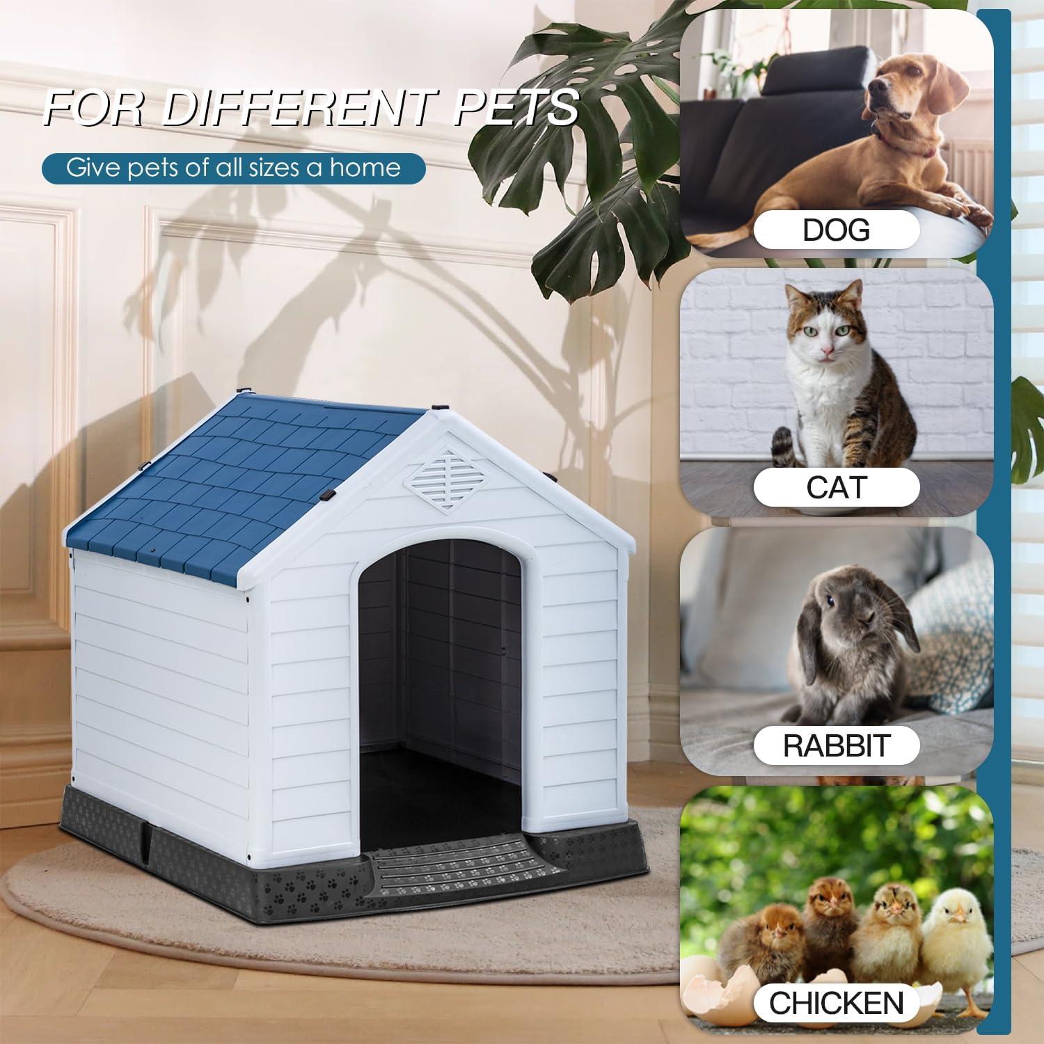 image:imageFDW Dog House Indoor Outdoor Durable Ventilate Waterproof Pet Plastic Dog House for Small Medium Large Dogs Insulated Puppy Shelter Kennel Crate with Air Vents and Elevated FloorDark Black