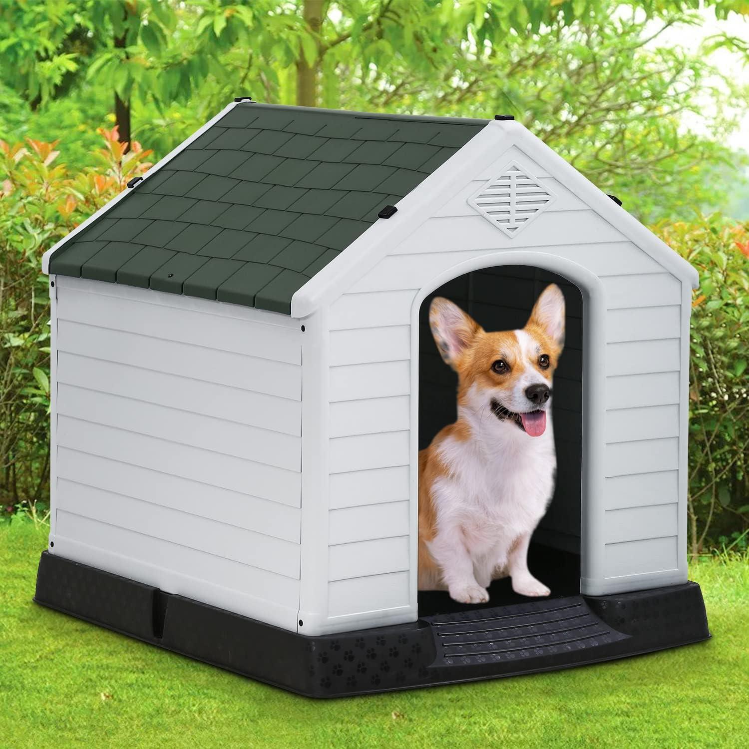 image:imageFDW Dog House Indoor Outdoor Durable Ventilate Waterproof Pet Plastic Dog House for Small Medium Large Dogs Insulated Puppy Shelter Kennel Crate with Air Vents and Elevated FloorGreen