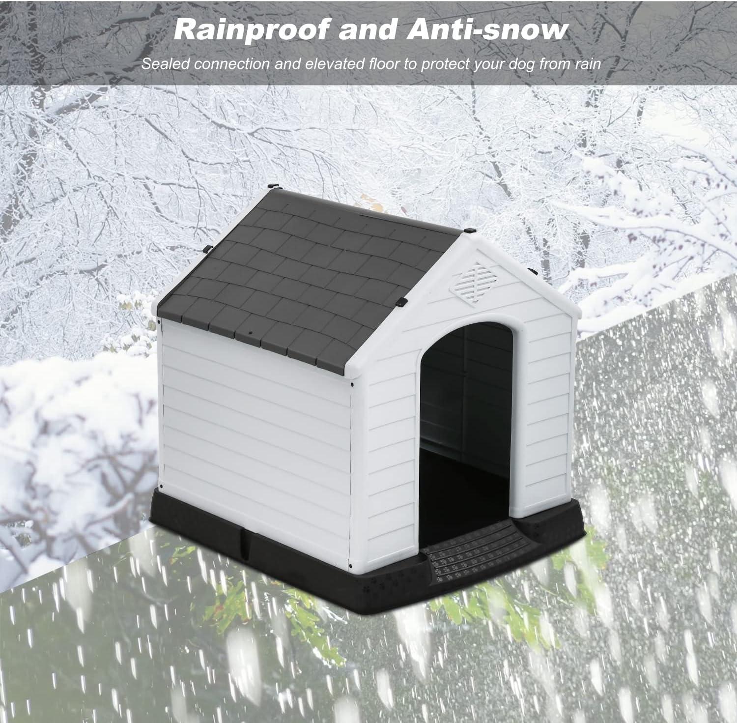image:imageFDW Dog House Indoor Outdoor Durable Ventilate Waterproof Pet Plastic Dog House for Small Medium Large Dogs Insulated Puppy Shelter Kennel Crate with Air Vents and Elevated FloorGrey