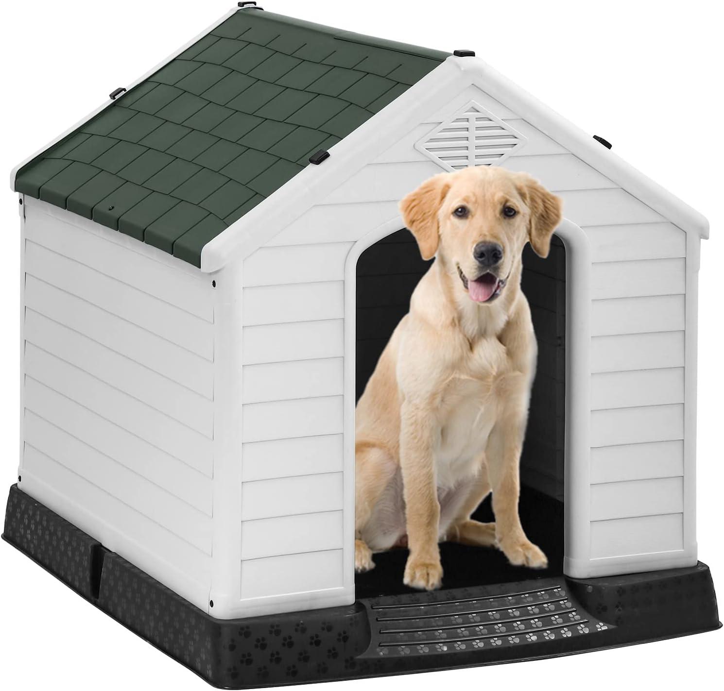 image:imageFDW Dog House Indoor Outdoor Durable Ventilate Waterproof Pet Plastic Dog House for Small Medium Large Dogs Insulated Puppy Shelter Kennel Crate with Air Vents and Elevated FloorGreen