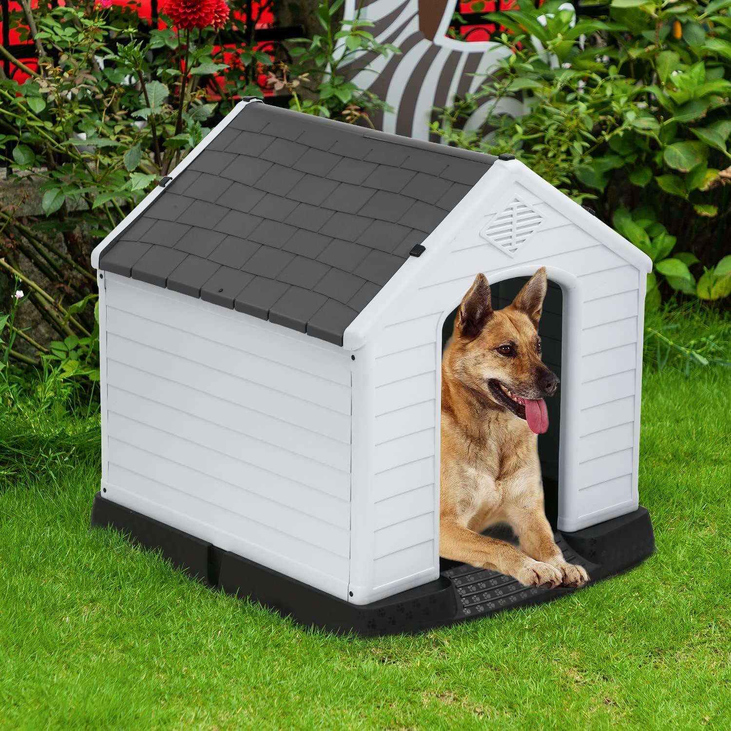 image:imageFDW Dog House Indoor Outdoor Durable Ventilate Waterproof Pet Plastic Dog House for Small Medium Large Dogs Insulated Puppy Shelter Kennel Crate with Air Vents and Elevated FloorGrey