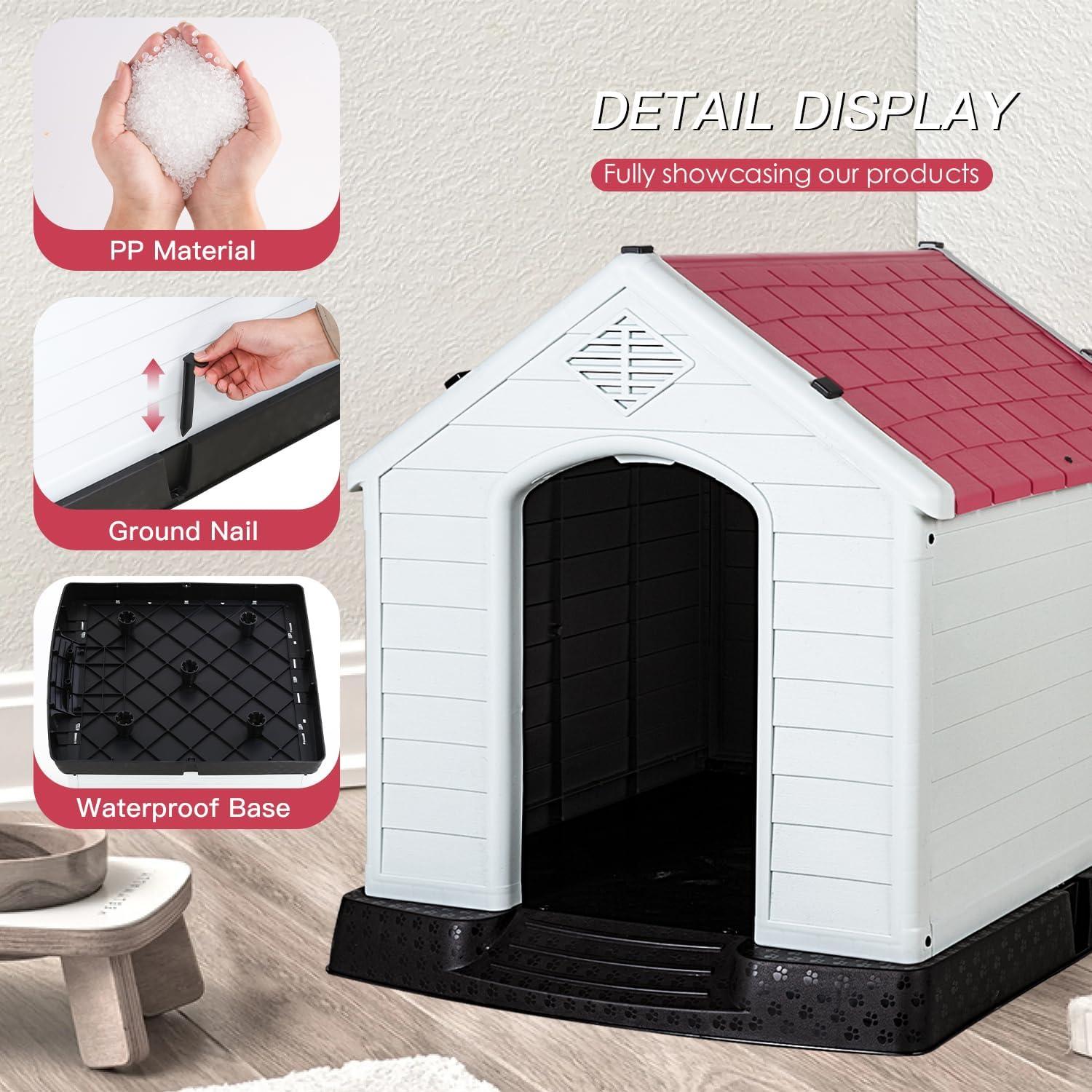 image:imageFDW Dog House Indoor Outdoor Durable Ventilate Waterproof Pet Plastic Dog House for Small Medium Large Dogs Insulated Puppy Shelter Kennel Crate with Air Vents and Elevated FloorDark Red