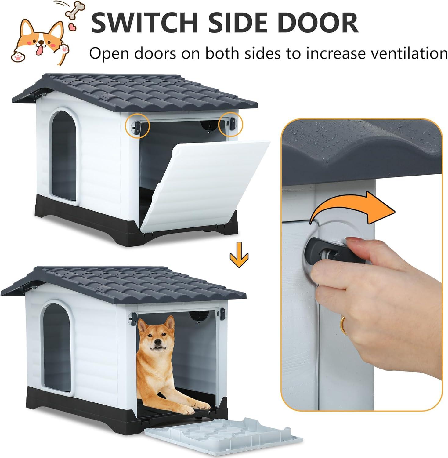 image:imageFDW Dog House Indoor Outdoor Durable Ventilate Waterproof Pet Plastic Dog House for Small Medium Large Dogs Insulated Puppy Shelter Kennel Crate with Air Vents and Elevated FloorGrey