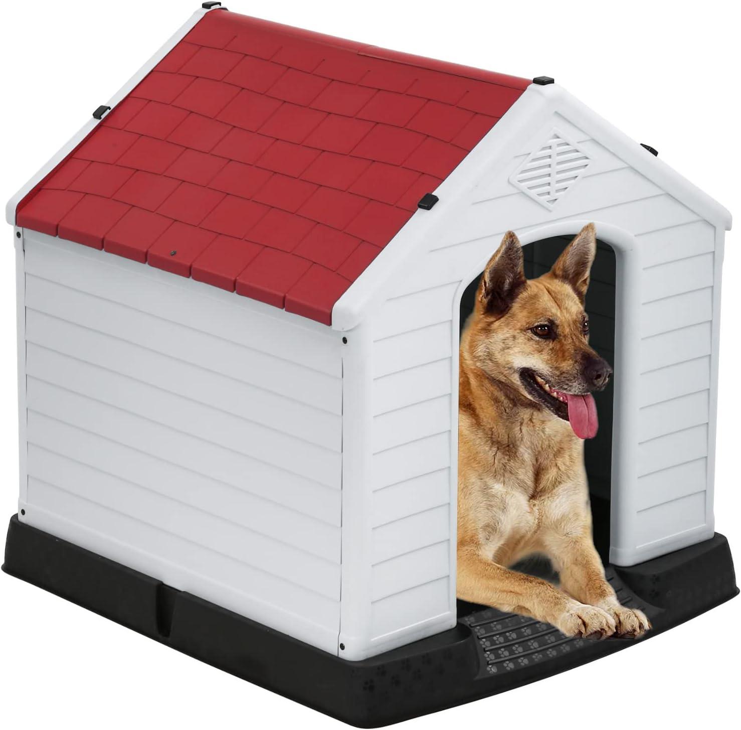 image:imageFDW Dog House Indoor Outdoor Durable Ventilate Waterproof Pet Plastic Dog House for Small Medium Large Dogs Insulated Puppy Shelter Kennel Crate with Air Vents and Elevated FloorRed