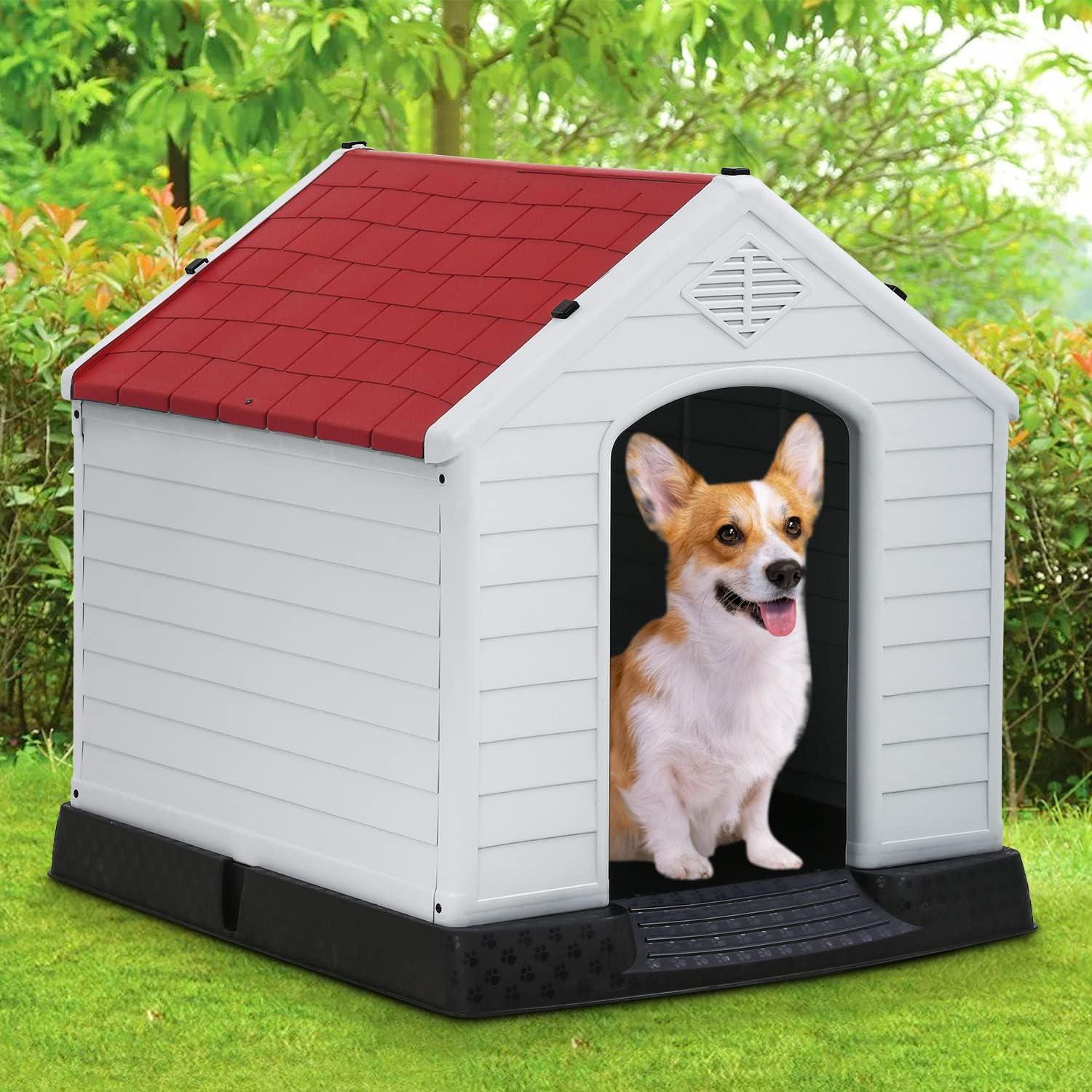 image:imageFDW Dog House Indoor Outdoor Durable Ventilate Waterproof Pet Plastic Dog House for Small Medium Large Dogs Insulated Puppy Shelter Kennel Crate with Air Vents and Elevated FloorRed