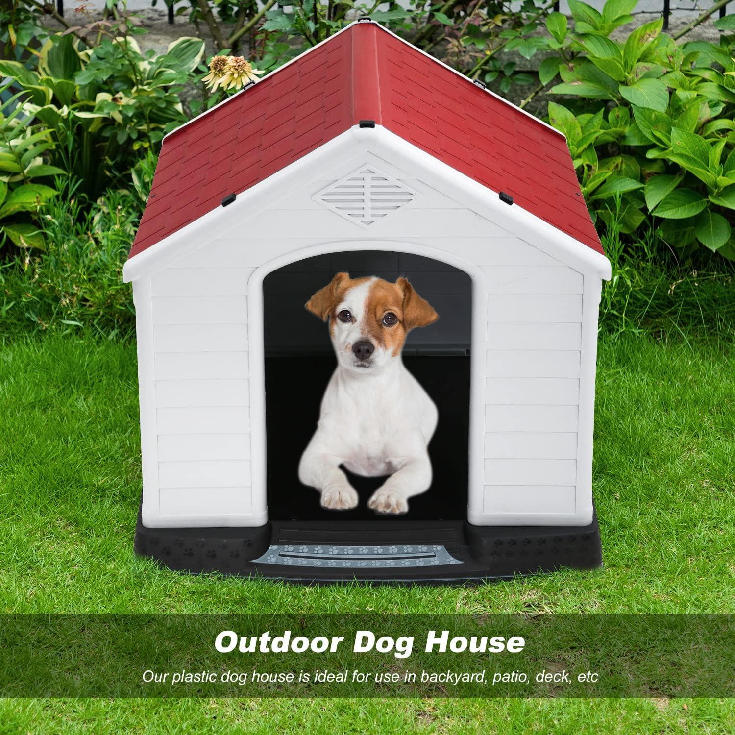 image:imageFDW Dog House Indoor Outdoor Durable Ventilate Waterproof Pet Plastic Dog House for Small Medium Large Dogs Insulated Puppy Shelter Kennel Crate with Air Vents and Elevated FloorRed