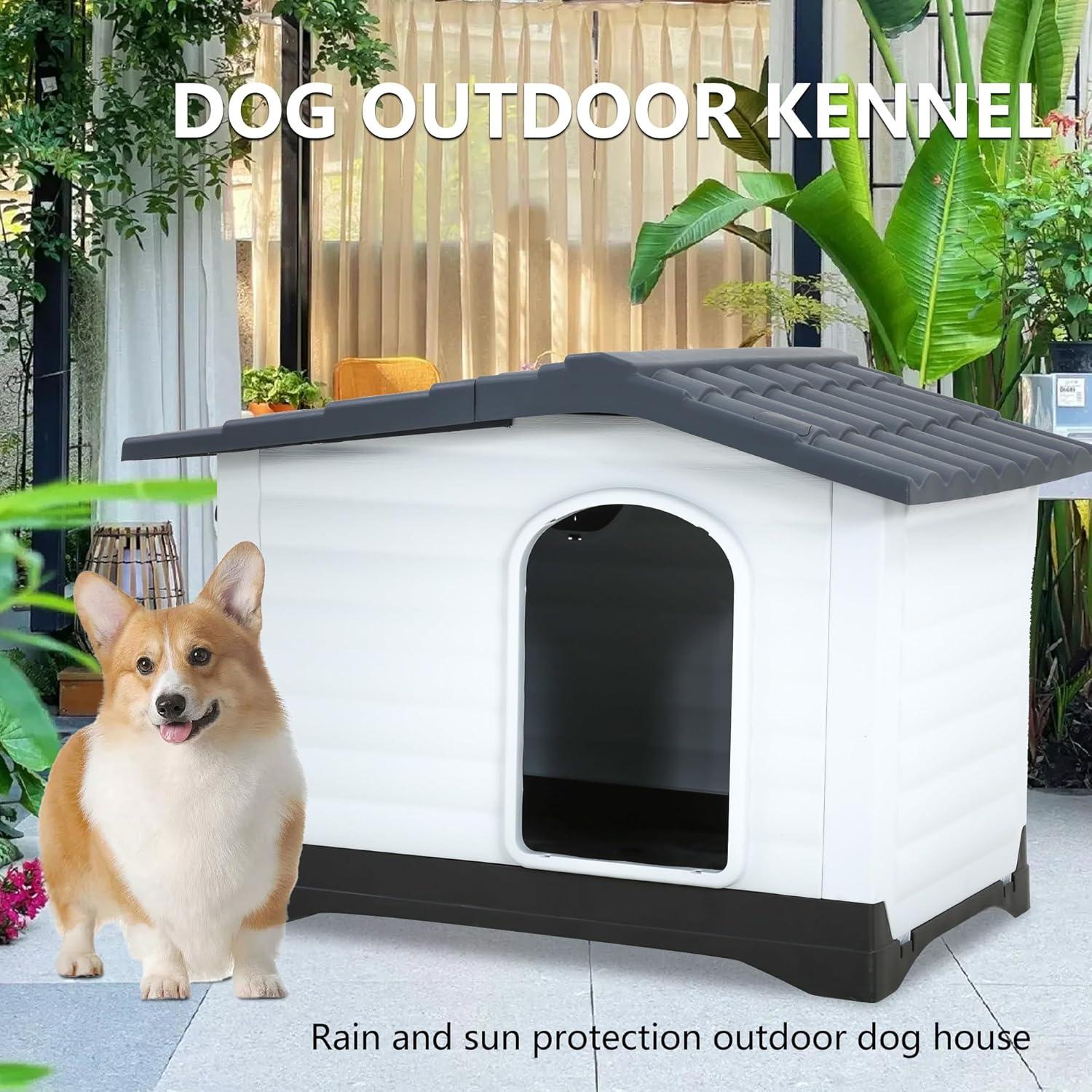 image:imageFDW Dog House Indoor Outdoor Durable Ventilate Waterproof Pet Plastic Dog House for Small Medium Large Dogs Insulated Puppy Shelter Kennel Crate with Air Vents and Elevated FloorGrey