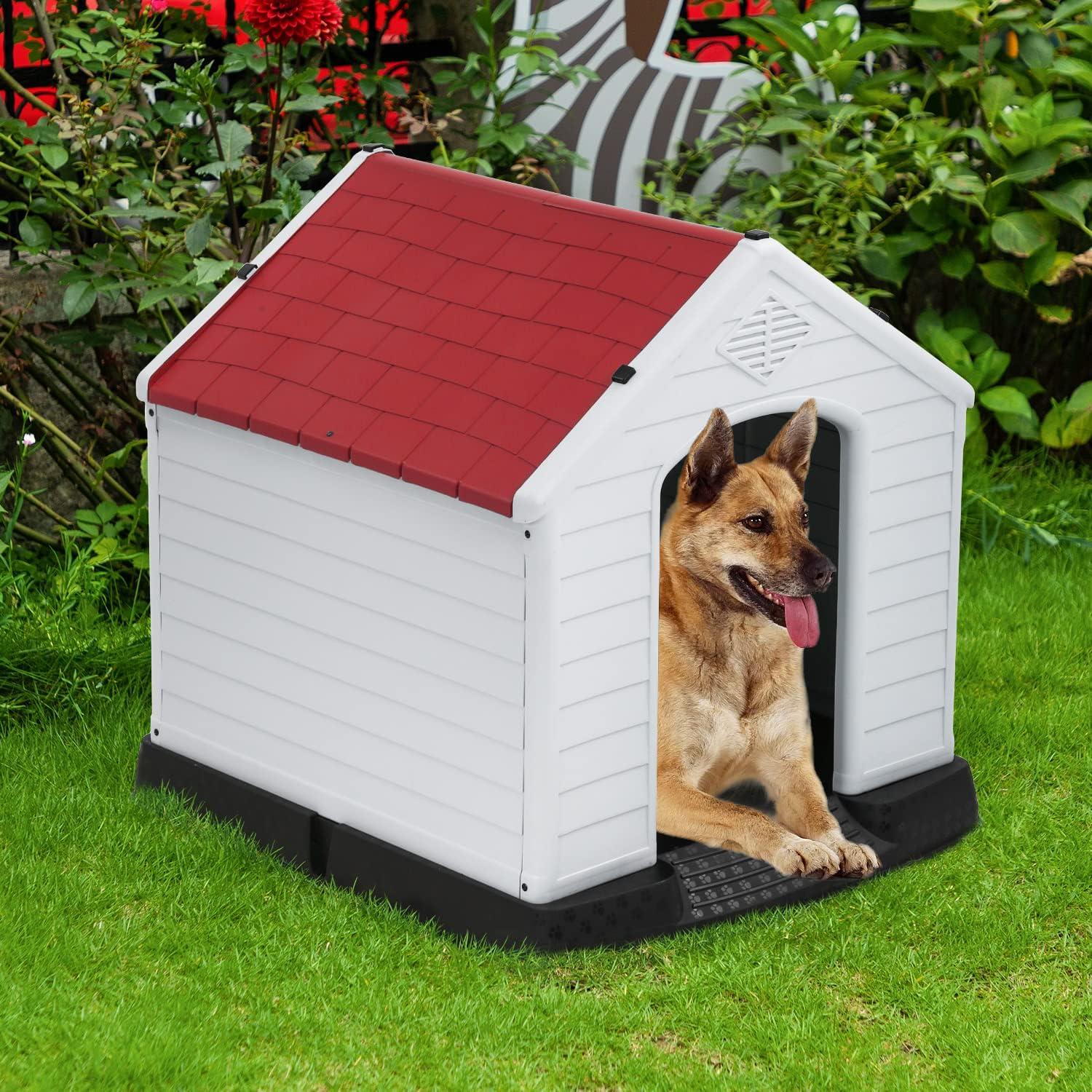 image:imageFDW Dog House Indoor Outdoor Durable Ventilate Waterproof Pet Plastic Dog House for Small Medium Large Dogs Insulated Puppy Shelter Kennel Crate with Air Vents and Elevated FloorRed
