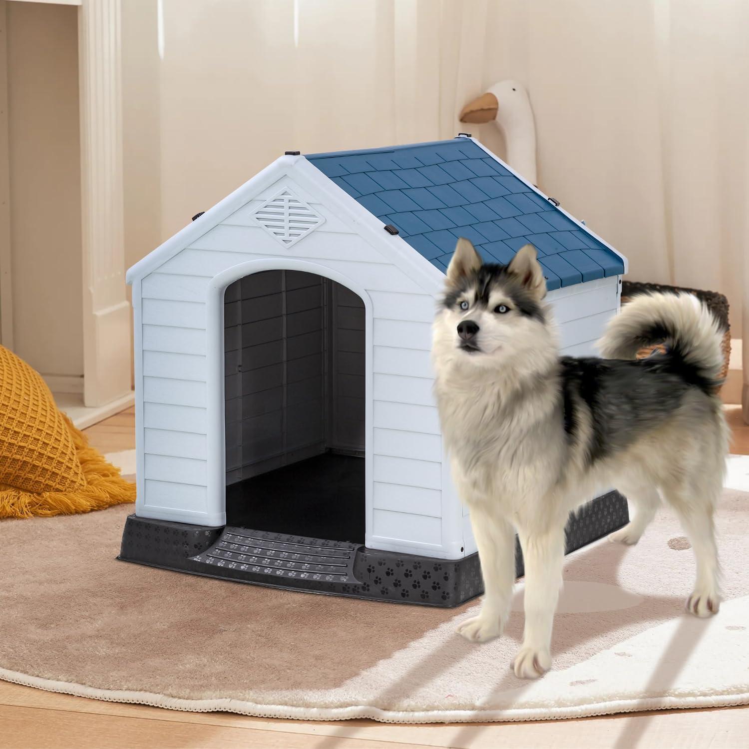 image:imageFDW Dog House Indoor Outdoor Durable Ventilate Waterproof Pet Plastic Dog House for Small Medium Large Dogs Insulated Puppy Shelter Kennel Crate with Air Vents and Elevated FloorDark Black