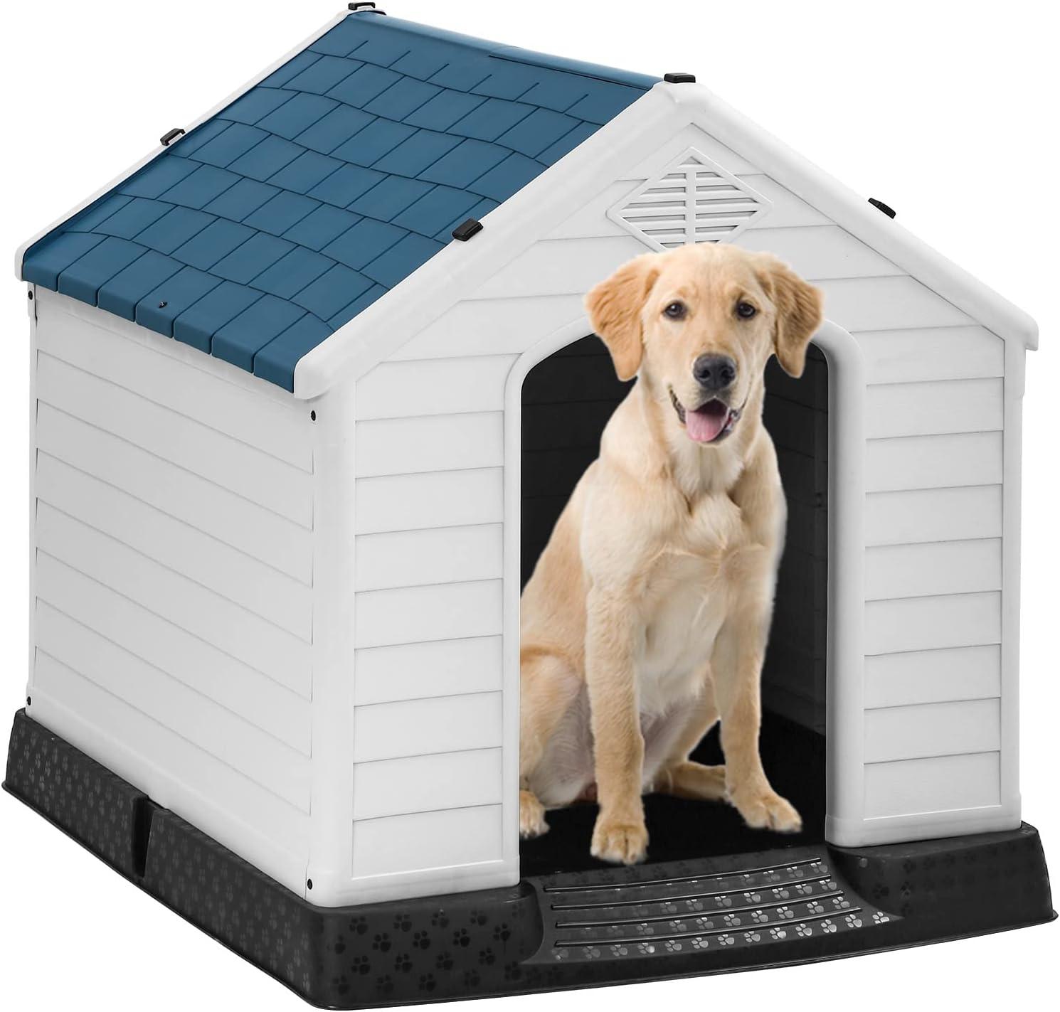 image:imageFDW Dog House Indoor Outdoor Durable Ventilate Waterproof Pet Plastic Dog House for Small Medium Large Dogs Insulated Puppy Shelter Kennel Crate with Air Vents and Elevated FloorBlue