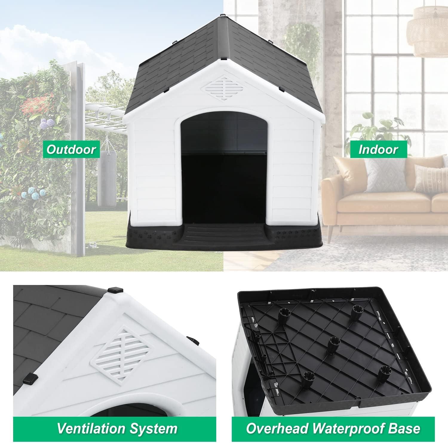 image:imageFDW Dog House Indoor Outdoor Durable Ventilate Waterproof Pet Plastic Dog House for Small Medium Large Dogs Insulated Puppy Shelter Kennel Crate with Air Vents and Elevated FloorGrey