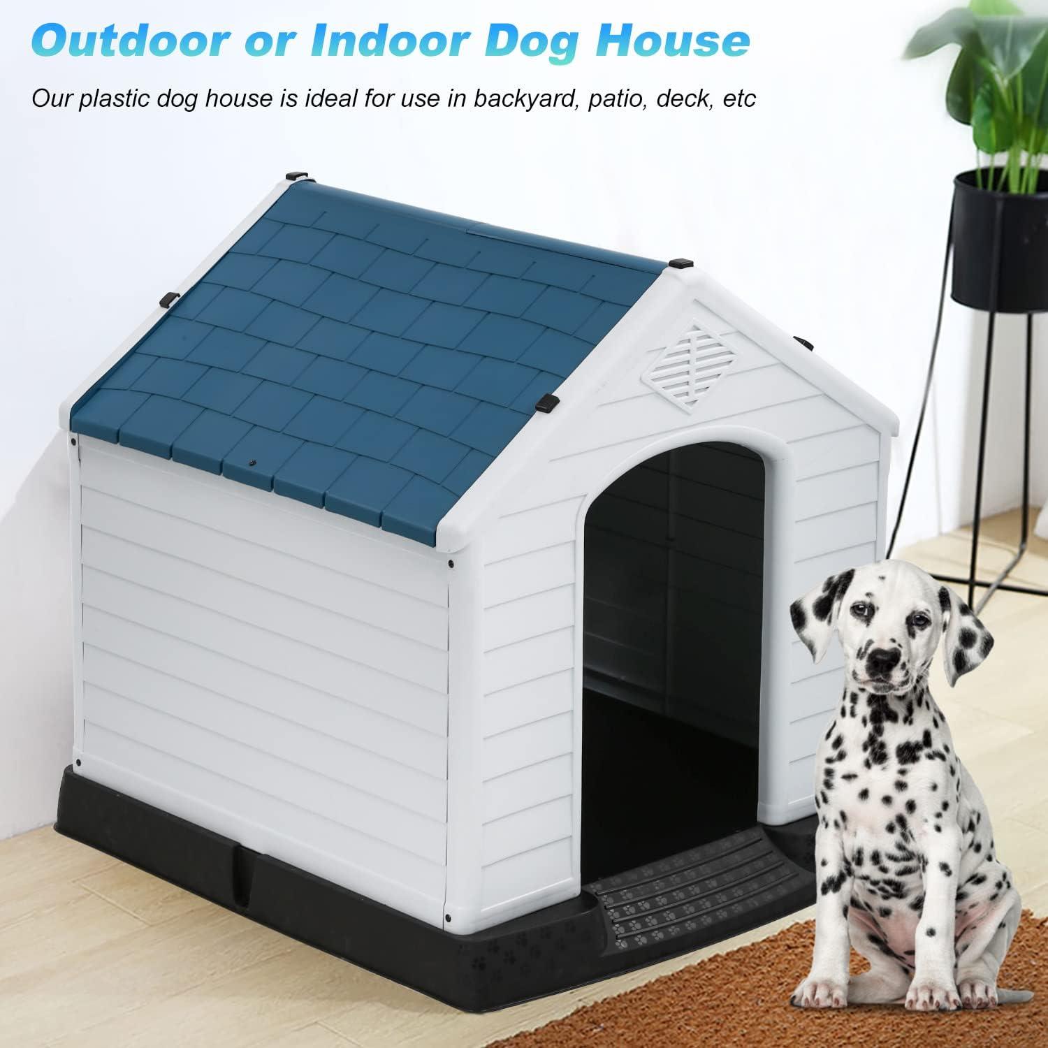 image:imageFDW Dog House Indoor Outdoor Durable Ventilate Waterproof Pet Plastic Dog House for Small Medium Large Dogs Insulated Puppy Shelter Kennel Crate with Air Vents and Elevated FloorBlue