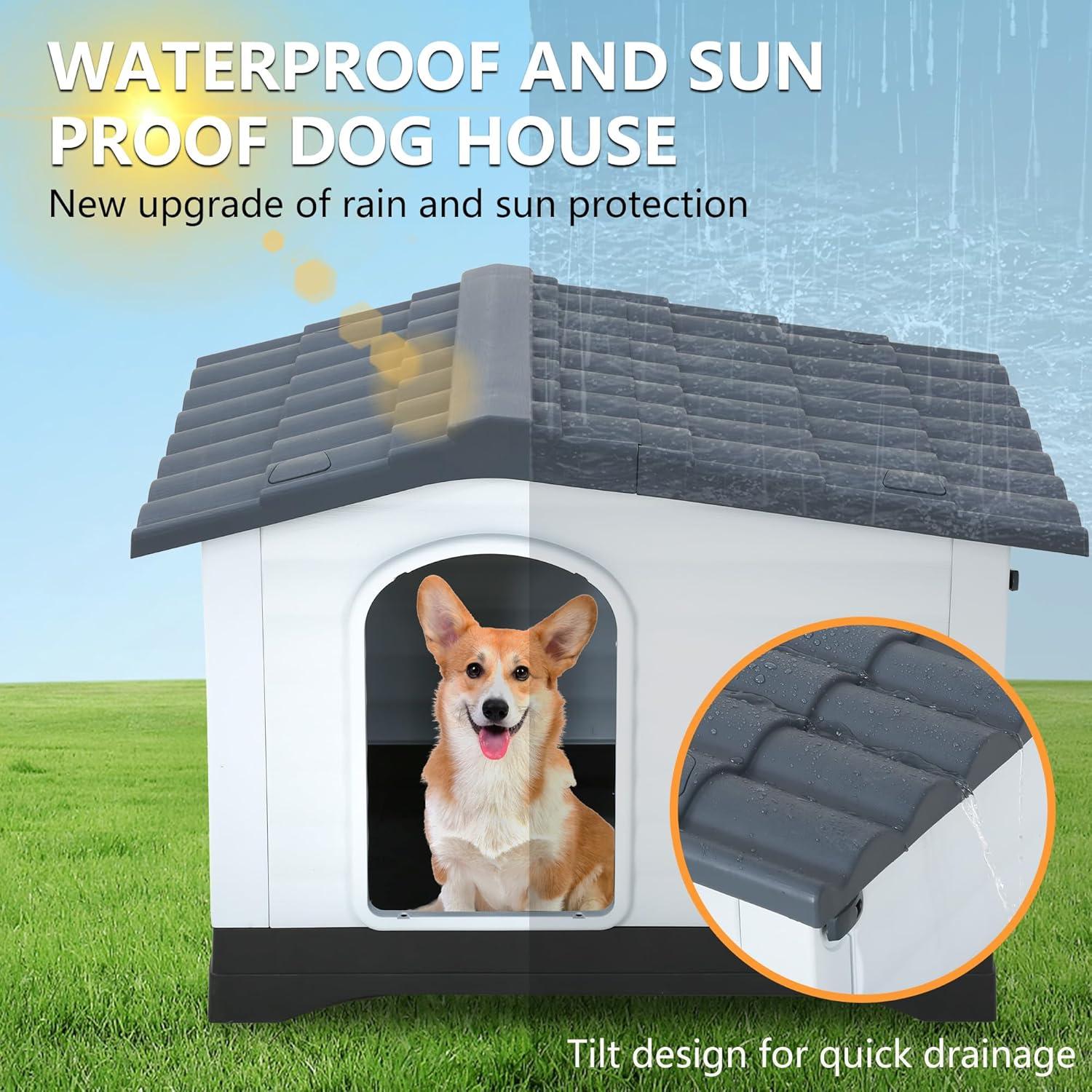 image:imageFDW Dog House Indoor Outdoor Durable Ventilate Waterproof Pet Plastic Dog House for Small Medium Large Dogs Insulated Puppy Shelter Kennel Crate with Air Vents and Elevated FloorGrey