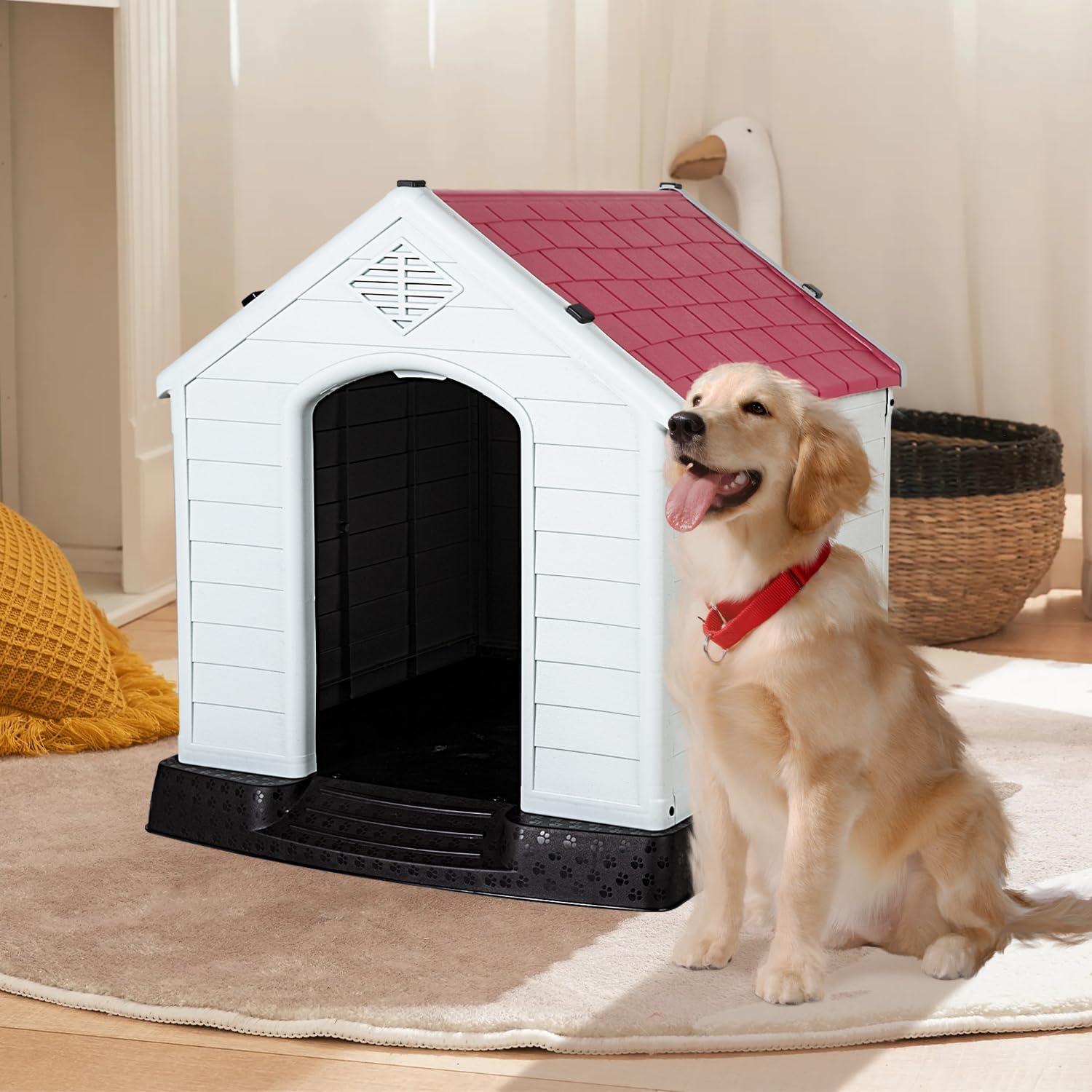 image:imageFDW Dog House Indoor Outdoor Durable Ventilate Waterproof Pet Plastic Dog House for Small Medium Large Dogs Insulated Puppy Shelter Kennel Crate with Air Vents and Elevated FloorDark Red