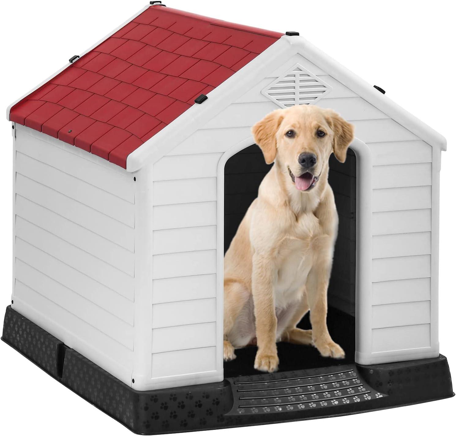 image:imageFDW Dog House Indoor Outdoor Durable Ventilate Waterproof Pet Plastic Dog House for Small Medium Large Dogs Insulated Puppy Shelter Kennel Crate with Air Vents and Elevated FloorRed