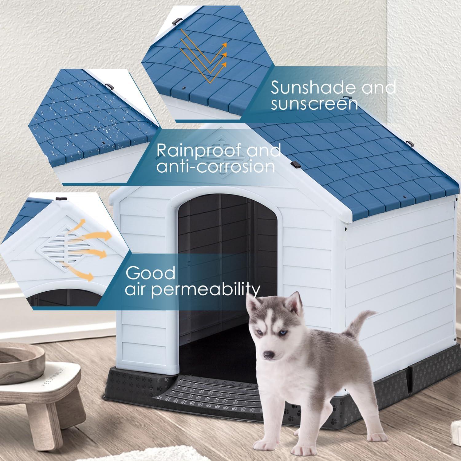 image:imageFDW Dog House Indoor Outdoor Durable Ventilate Waterproof Pet Plastic Dog House for Small Medium Large Dogs Insulated Puppy Shelter Kennel Crate with Air Vents and Elevated FloorDark Black