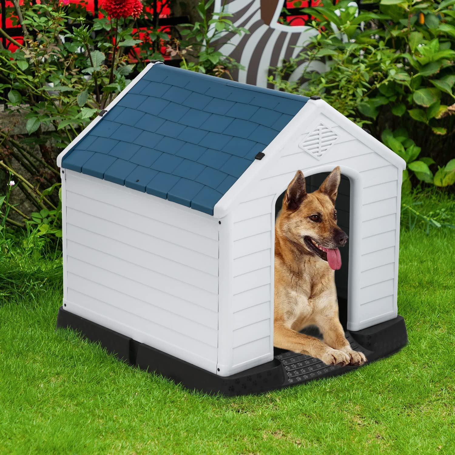 image:imageFDW Dog House Indoor Outdoor Durable Ventilate Waterproof Pet Plastic Dog House for Small Medium Large Dogs Insulated Puppy Shelter Kennel Crate with Air Vents and Elevated FloorBlue