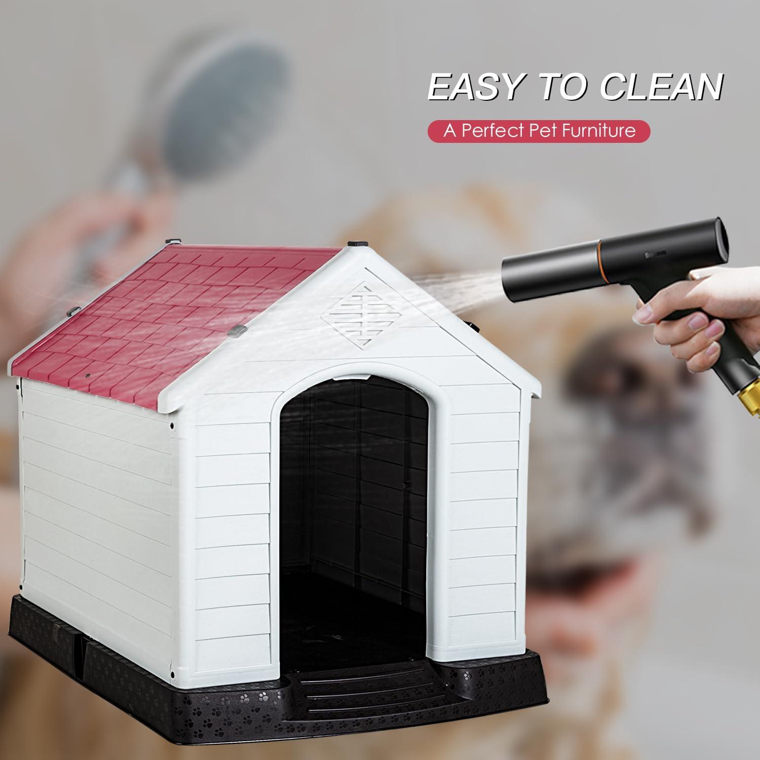 image:imageFDW Dog House Indoor Outdoor Durable Ventilate Waterproof Pet Plastic Dog House for Small Medium Large Dogs Insulated Puppy Shelter Kennel Crate with Air Vents and Elevated FloorDark Red