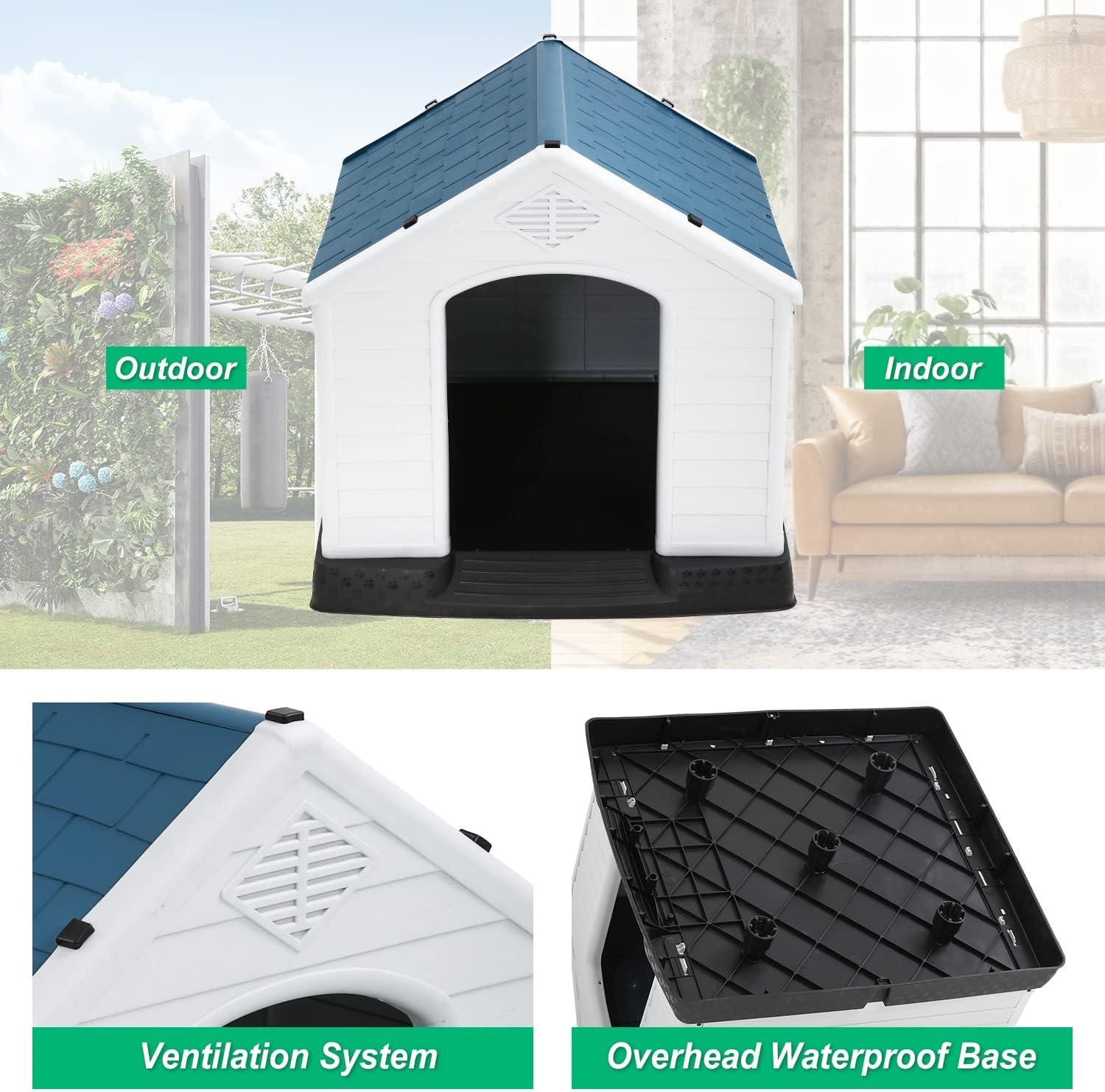 image:imageFDW Dog House Indoor Outdoor Durable Ventilate Waterproof Pet Plastic Dog House for Small Medium Large Dogs Insulated Puppy Shelter Kennel Crate with Air Vents and Elevated FloorBlue