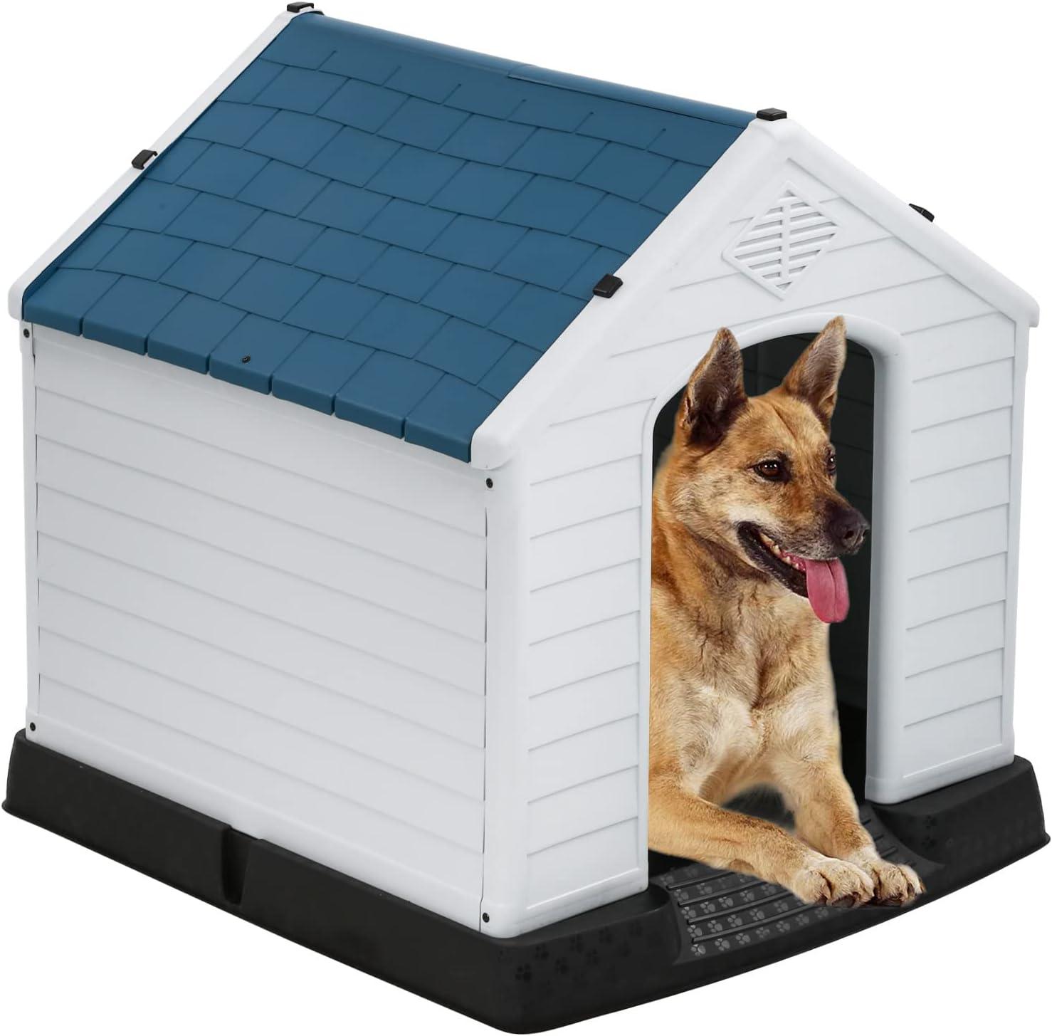image:imageFDW Dog House Indoor Outdoor Durable Ventilate Waterproof Pet Plastic Dog House for Small Medium Large Dogs Insulated Puppy Shelter Kennel Crate with Air Vents and Elevated FloorBlue