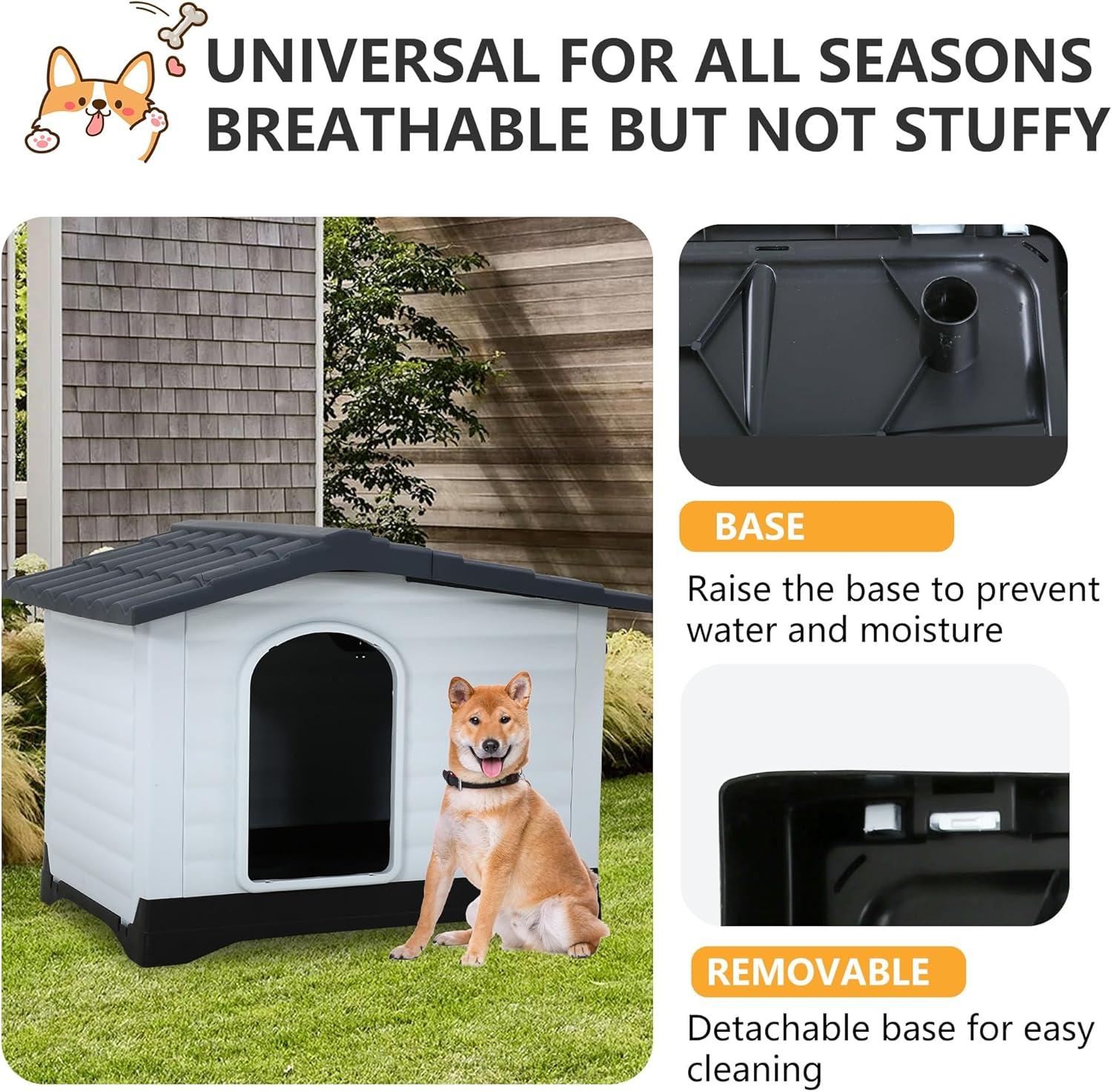 image:imageFDW Dog House Indoor Outdoor Durable Ventilate Waterproof Pet Plastic Dog House for Small Medium Large Dogs Insulated Puppy Shelter Kennel Crate with Air Vents and Elevated FloorGrey