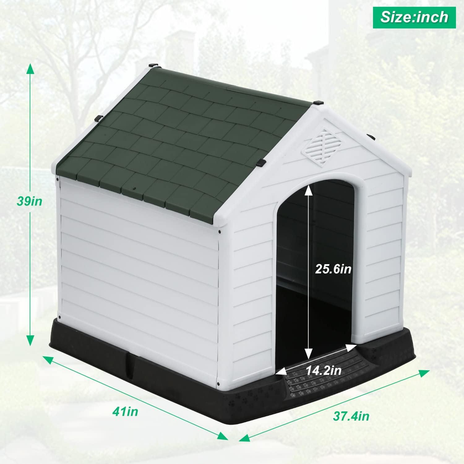image:imageFDW Dog House Indoor Outdoor Durable Ventilate Waterproof Pet Plastic Dog House for Small Medium Large Dogs Insulated Puppy Shelter Kennel Crate with Air Vents and Elevated FloorDark Green