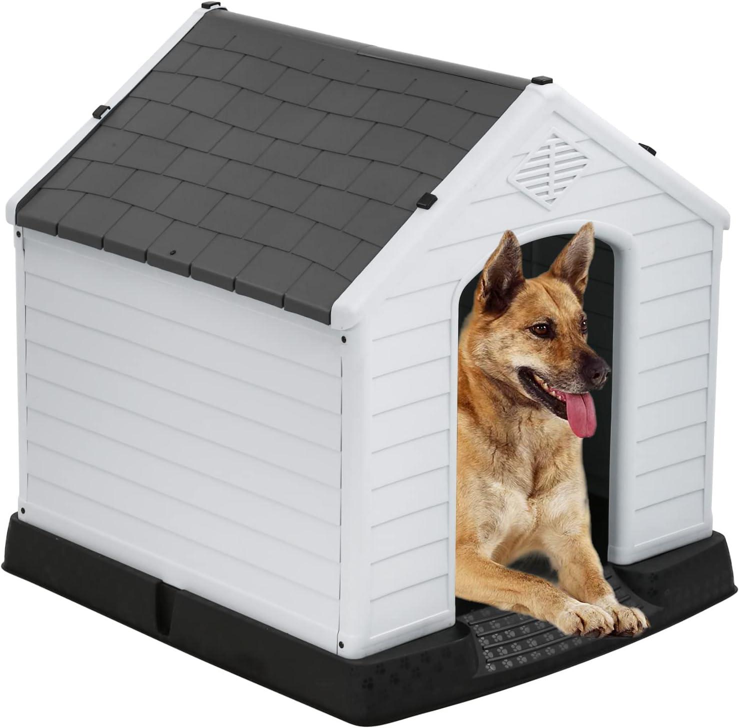 image:imageFDW Dog House Indoor Outdoor Durable Ventilate Waterproof Pet Plastic Dog House for Small Medium Large Dogs Insulated Puppy Shelter Kennel Crate with Air Vents and Elevated FloorGrey