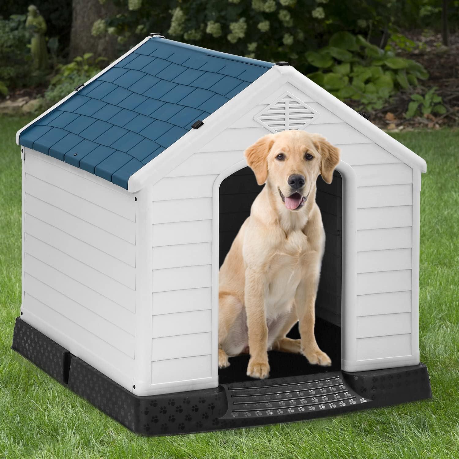 image:imageFDW Dog House Indoor Outdoor Durable Ventilate Waterproof Pet Plastic Dog House for Small Medium Large Dogs Insulated Puppy Shelter Kennel Crate with Air Vents and Elevated FloorBlue