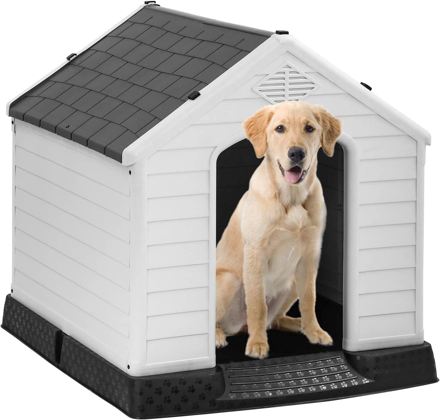 image:imageFDW Dog House Indoor Outdoor Durable Ventilate Waterproof Pet Plastic Dog House for Small Medium Large Dogs Insulated Puppy Shelter Kennel Crate with Air Vents and Elevated FloorGrey