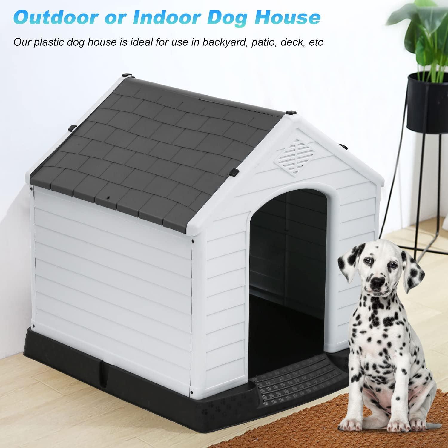 image:imageFDW Dog House Indoor Outdoor Durable Ventilate Waterproof Pet Plastic Dog House for Small Medium Large Dogs Insulated Puppy Shelter Kennel Crate with Air Vents and Elevated FloorGrey
