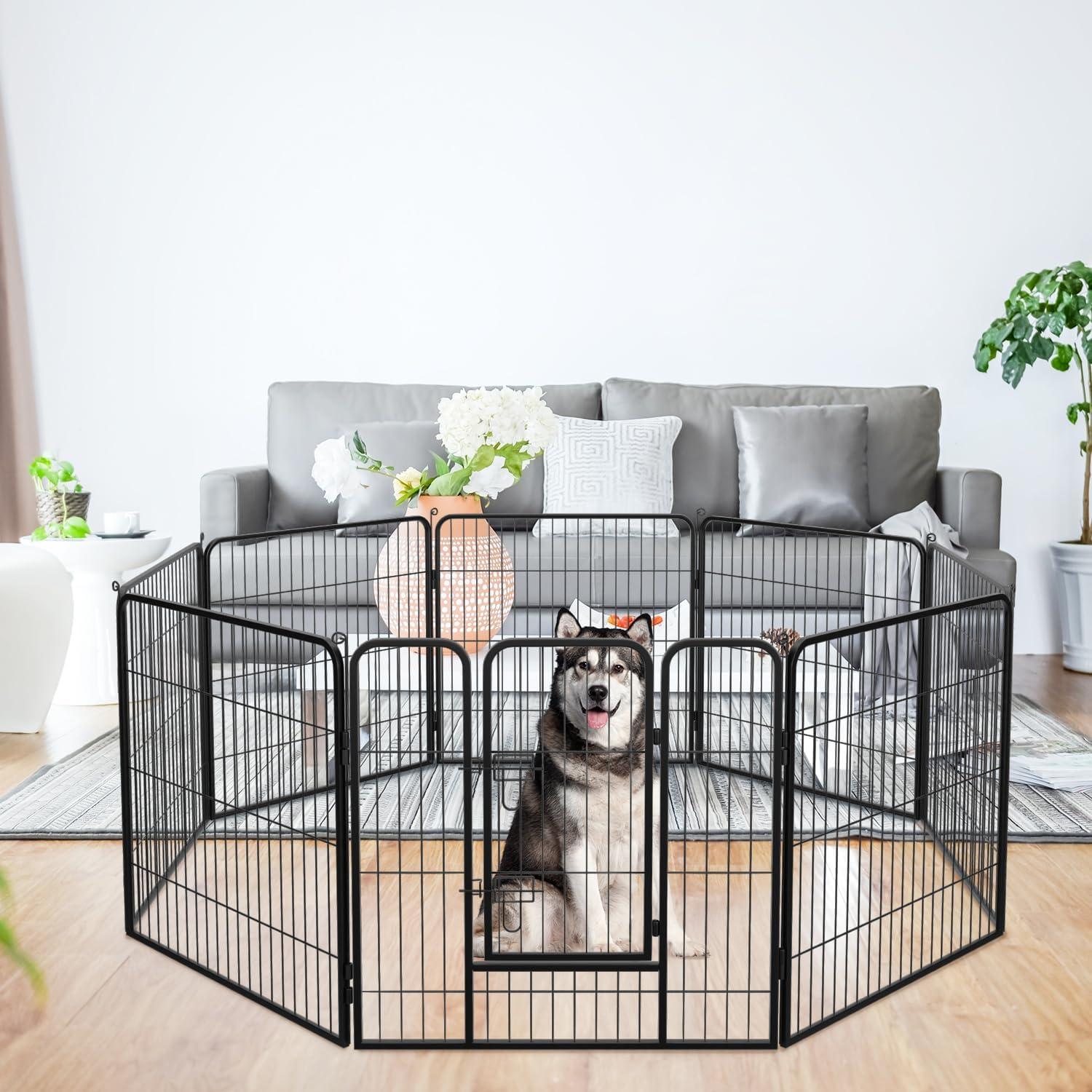 image:imageFDW Dog Playpen Kennel 4 Panels 24 Inch Height IndoorOutdoor Folding Metal Portable Puppy Exercise Pen Heavy Duty Dog Fence for Yard Camping Black8 Panels
