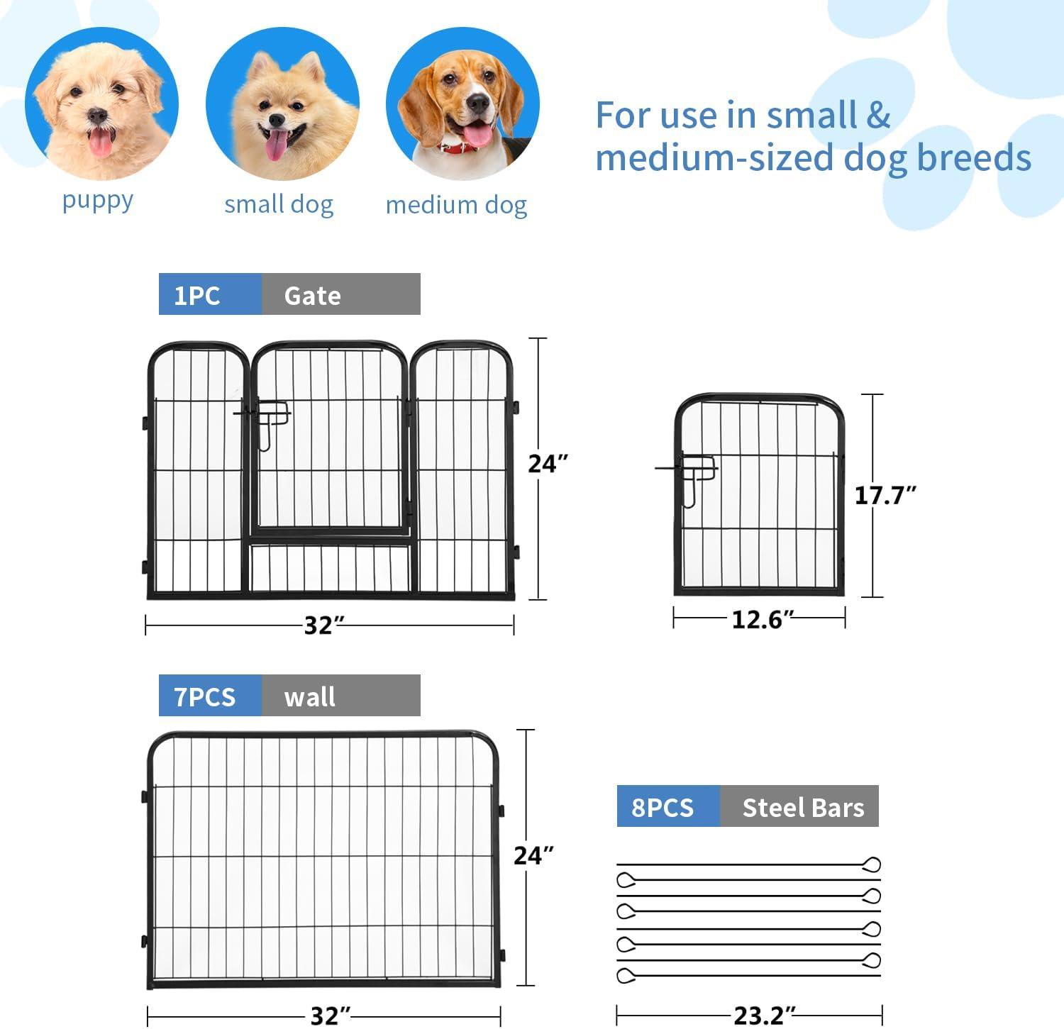 image:imageFDW Dog Playpen Kennel 4 Panels 24 Inch Height IndoorOutdoor Folding Metal Portable Puppy Exercise Pen Heavy Duty Dog Fence for Yard Camping Black8 Panels