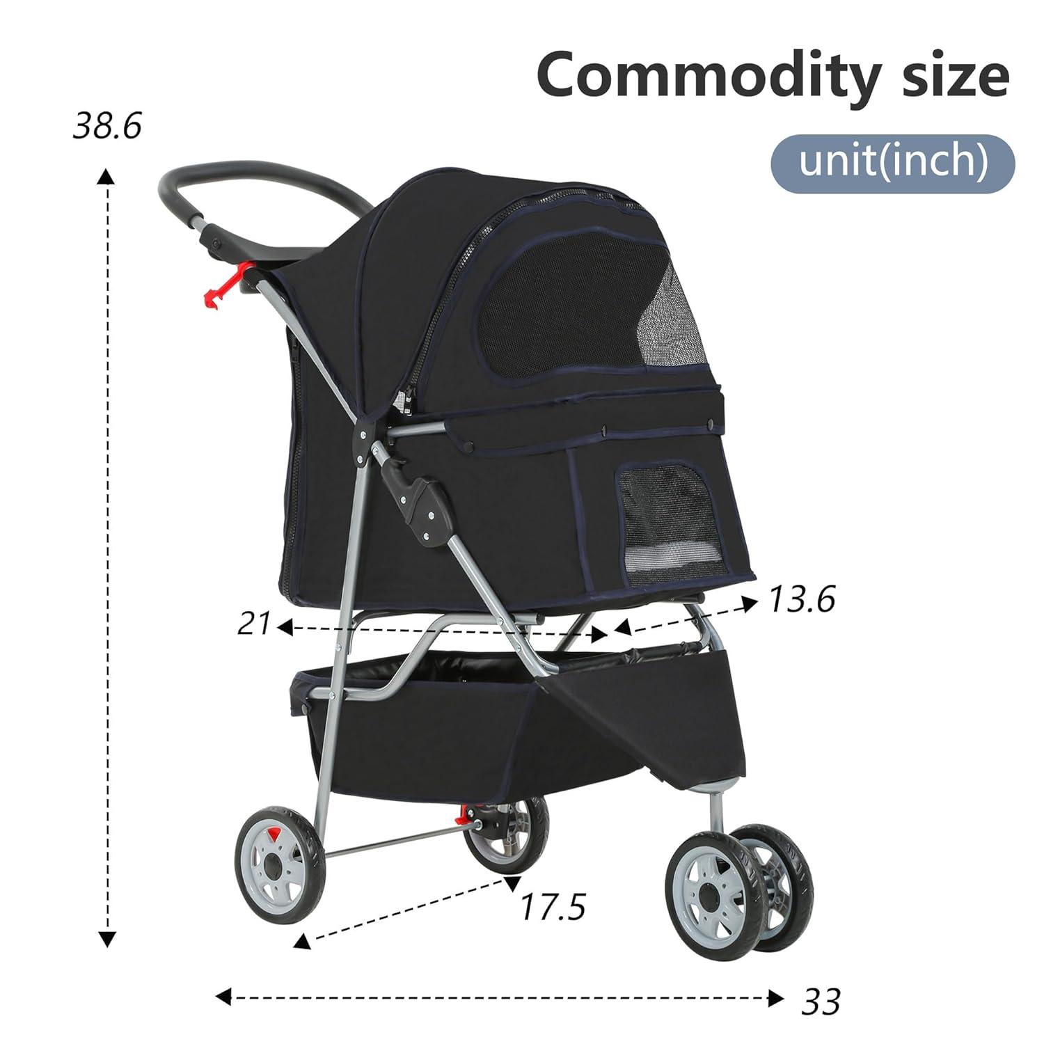 image:imageFDW Pet Stroller 3Wheel Durable Foldable Cat Dog Stroller with Washable Liner Storage Basket Cup HolderBlackBlack